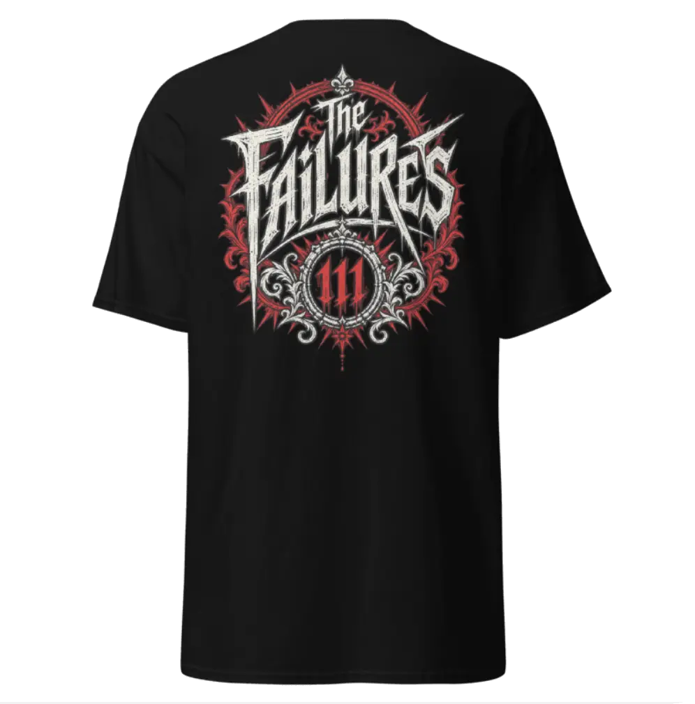 Back of the black Drop 001 shirt displaying The Failures and 111 artwork