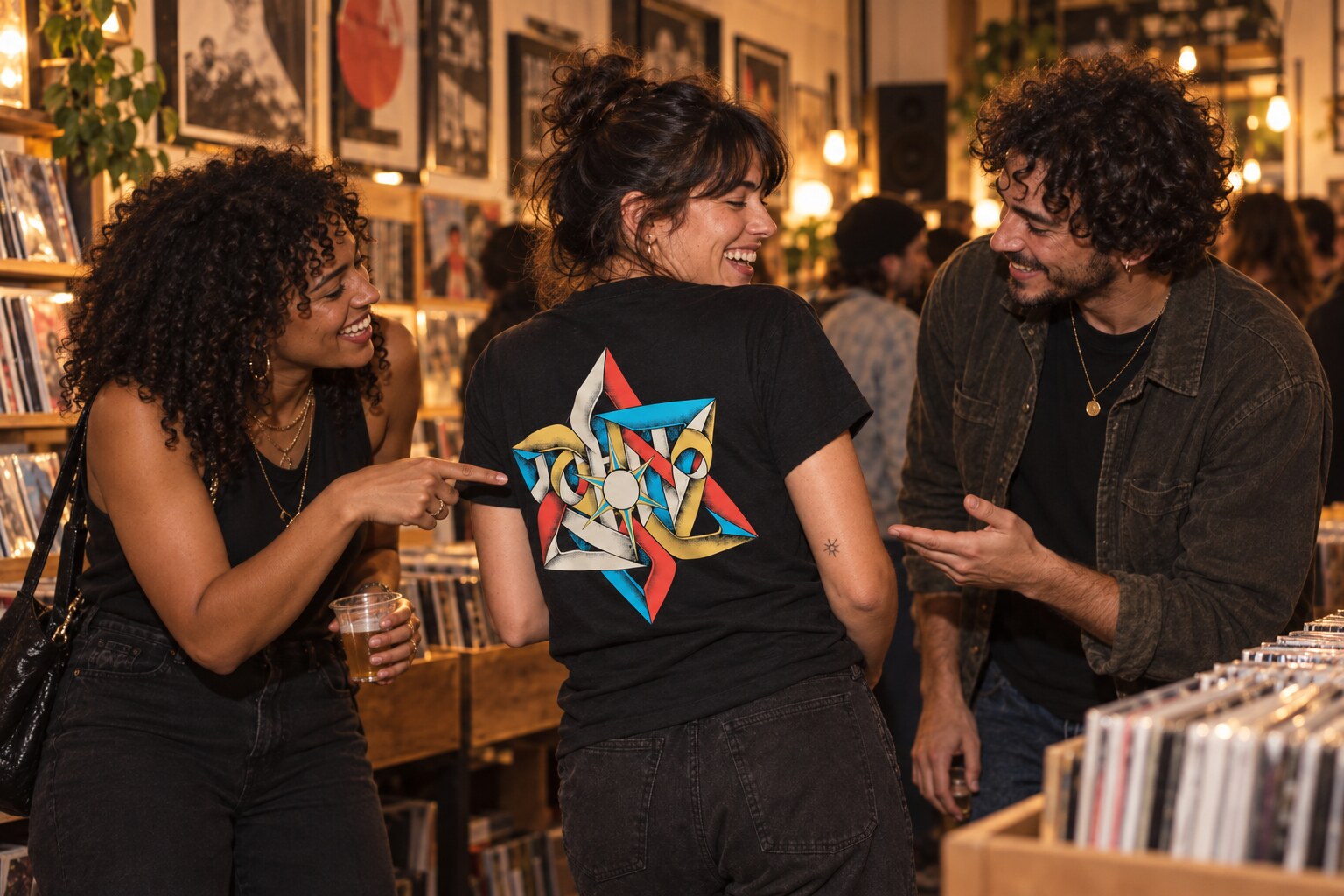 Conceptual scene of friends admiring the Aperture shirt