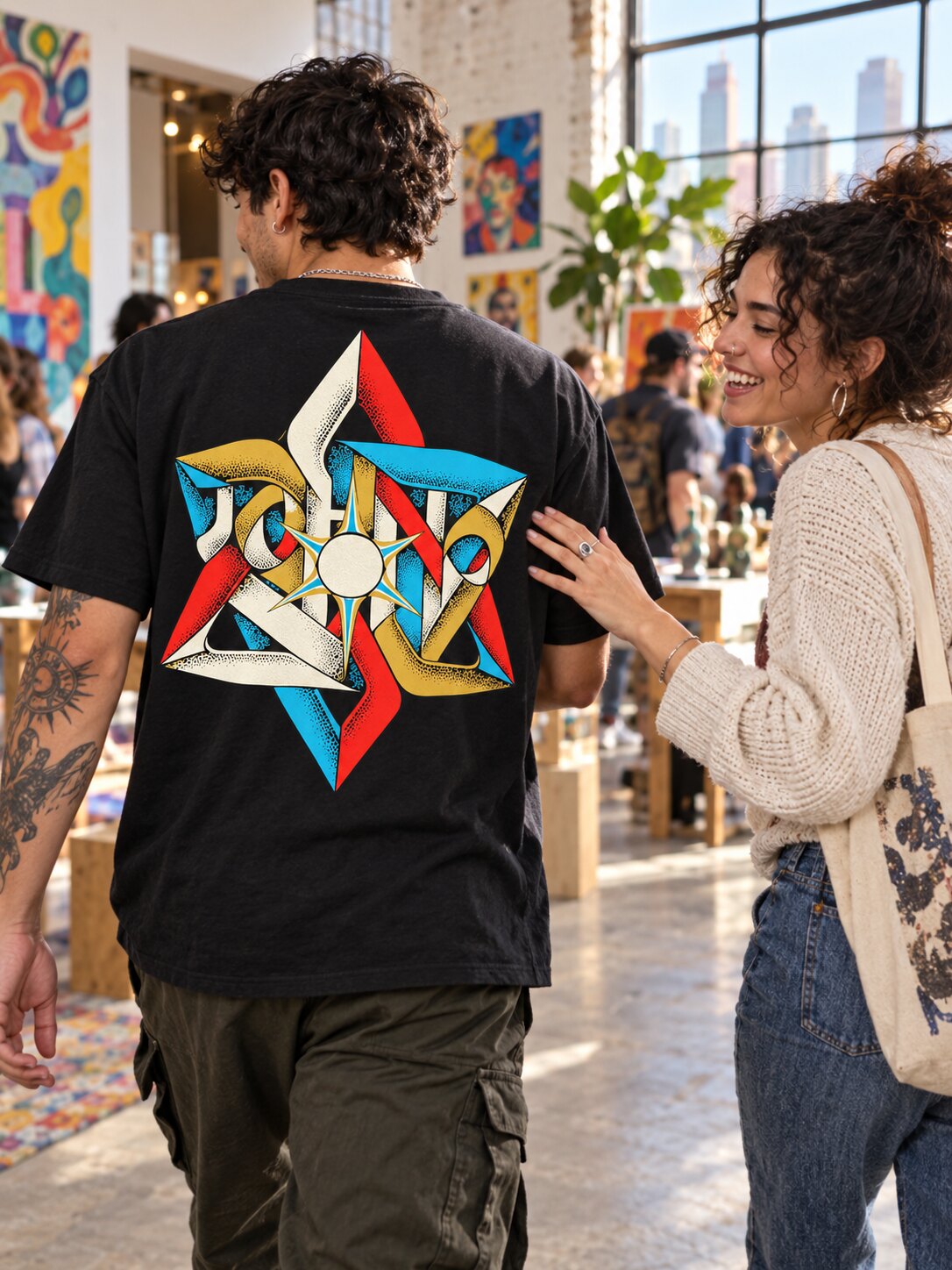 Conceptual campaign scene showing the larger Aperture back artwork at an art fair