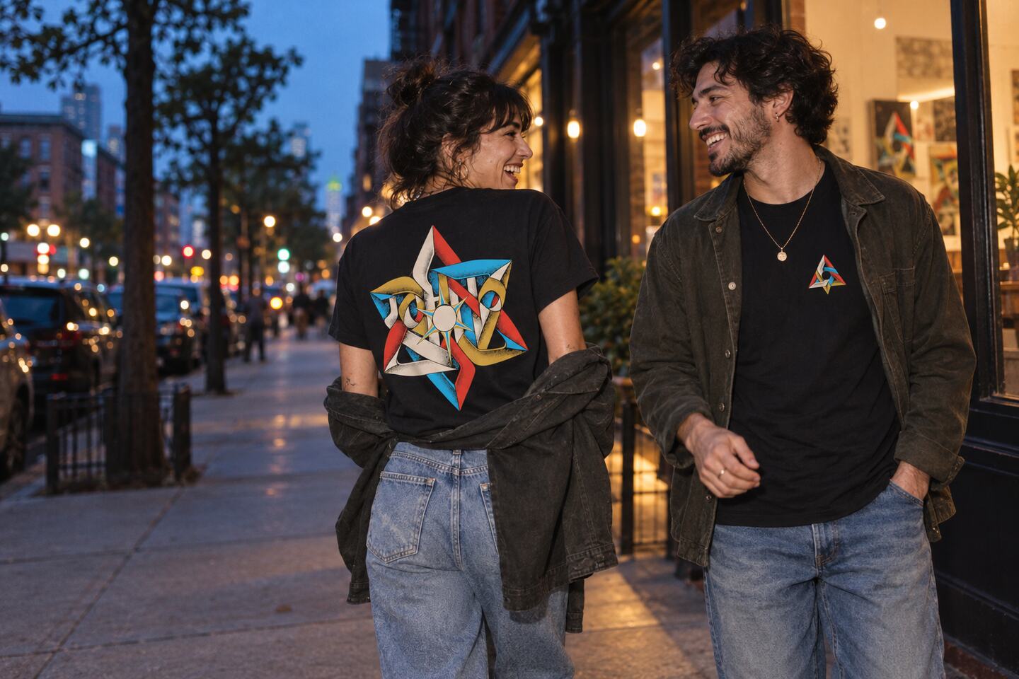 Conceptual campaign scene of models wearing black Aperture shirts