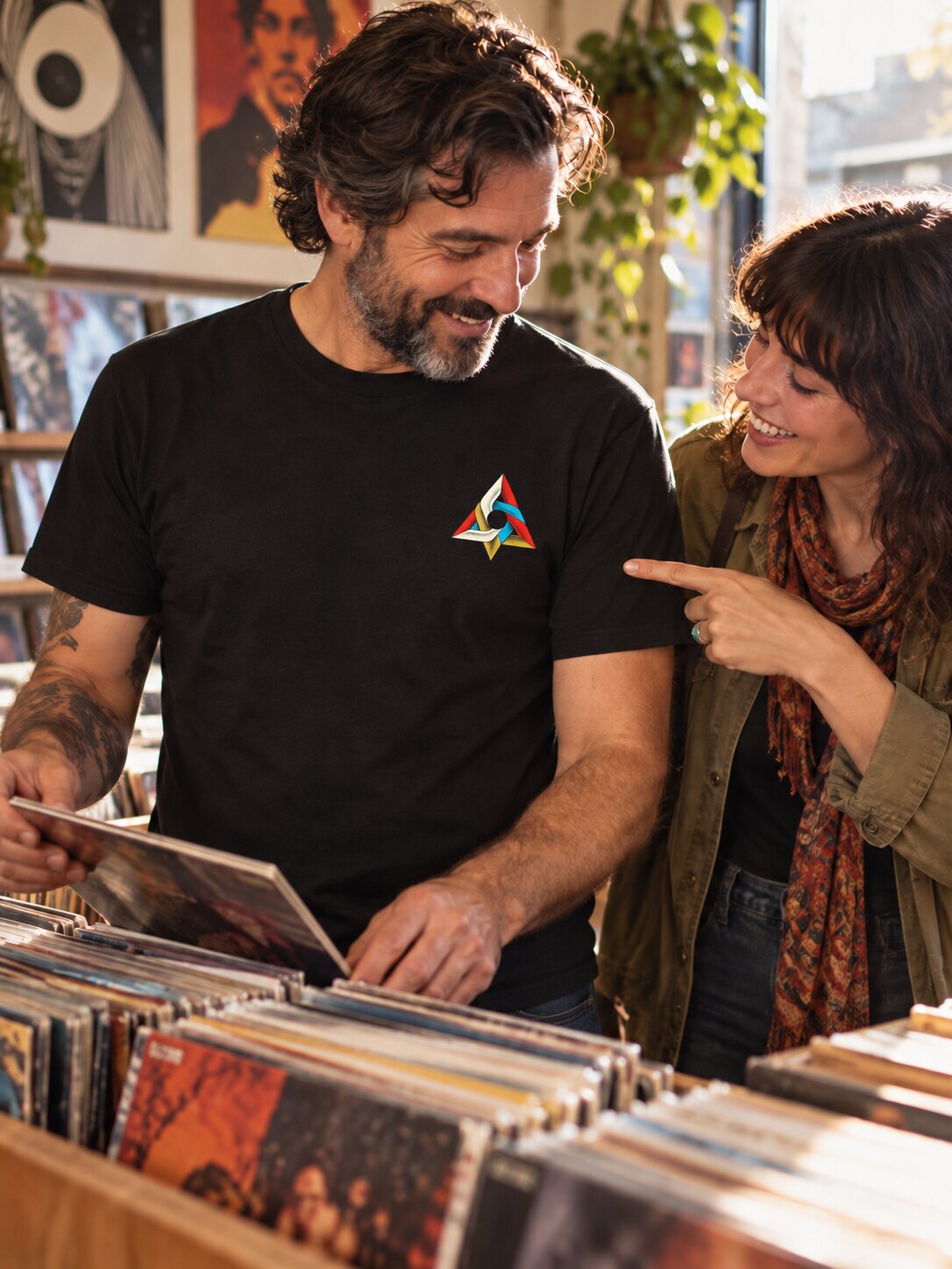 Conceptual campaign scene showing the small Aperture front artwork in a record shop