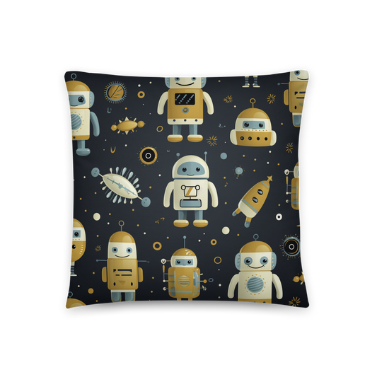 Experience a Futuristic Journey with our Kinetic Spaceship and Robots Throw Pillow