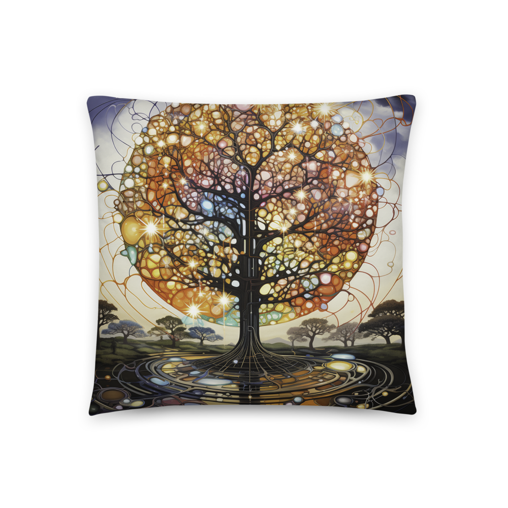 Experience the Harmony of Nature and Science with Our Psychedelic Atomic Tree Luminist Landscape Pillow