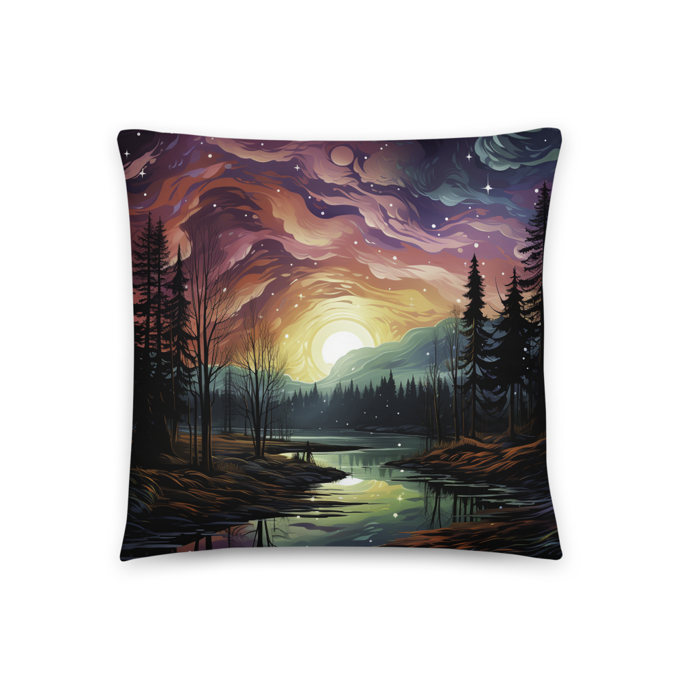 Experience Serene Beauty with Our Romantic Riverscape Cosmic Wilderness Pillow