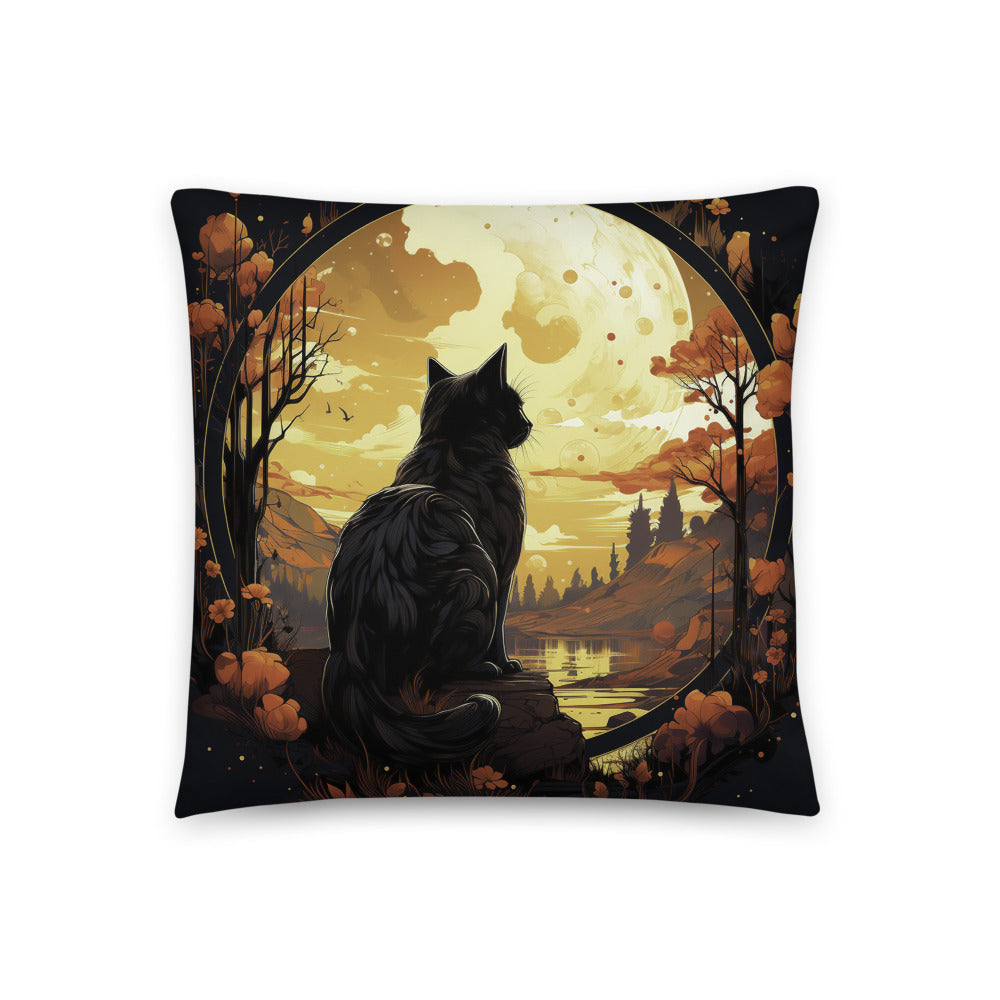 Embrace the Enigmatic Beauty of the Wild with Our Moon Watcher Black Cat Wilderness Pillow