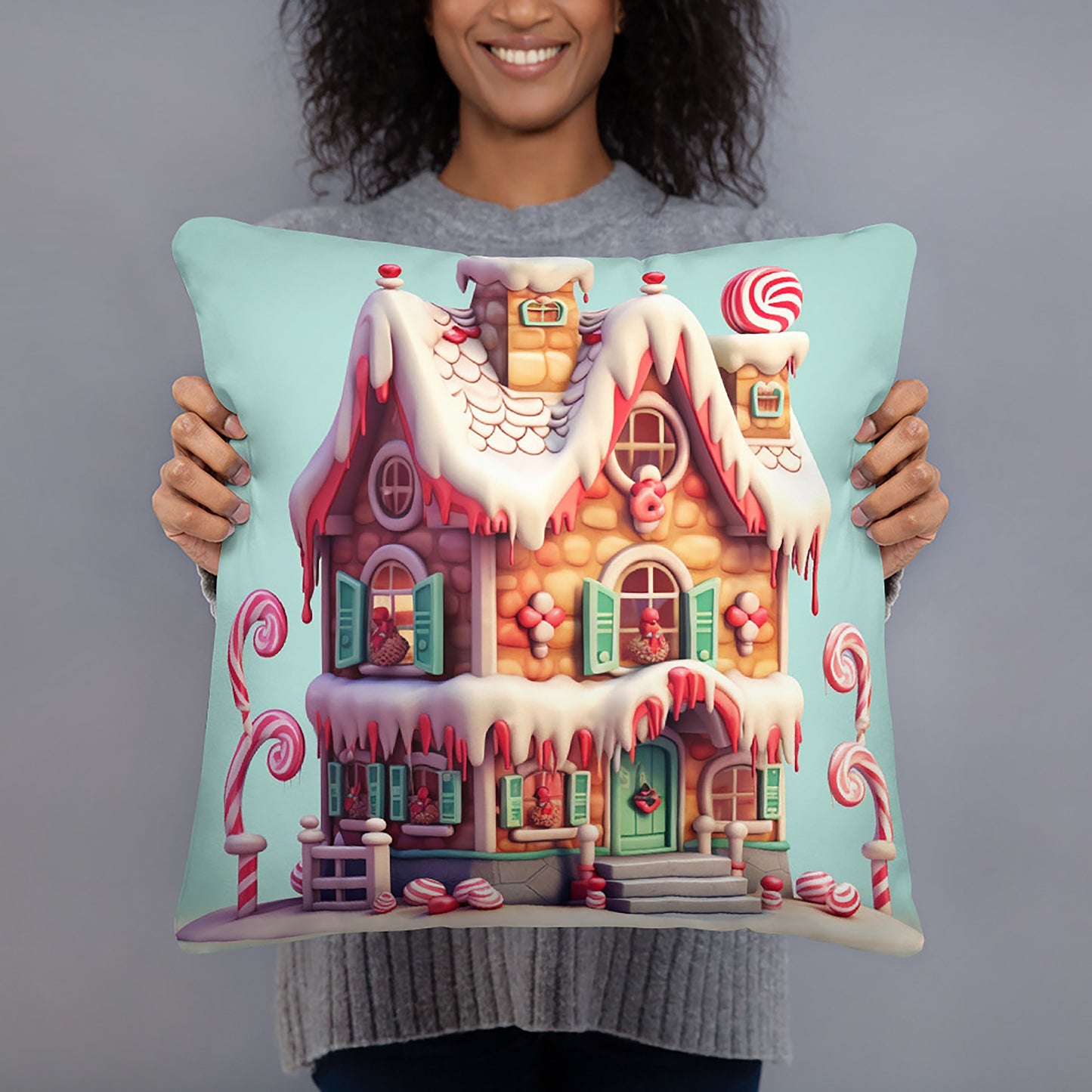 Christmas Throw Pillow Sweet Dreams Candy House Polyester Decorative Cushion 18x18