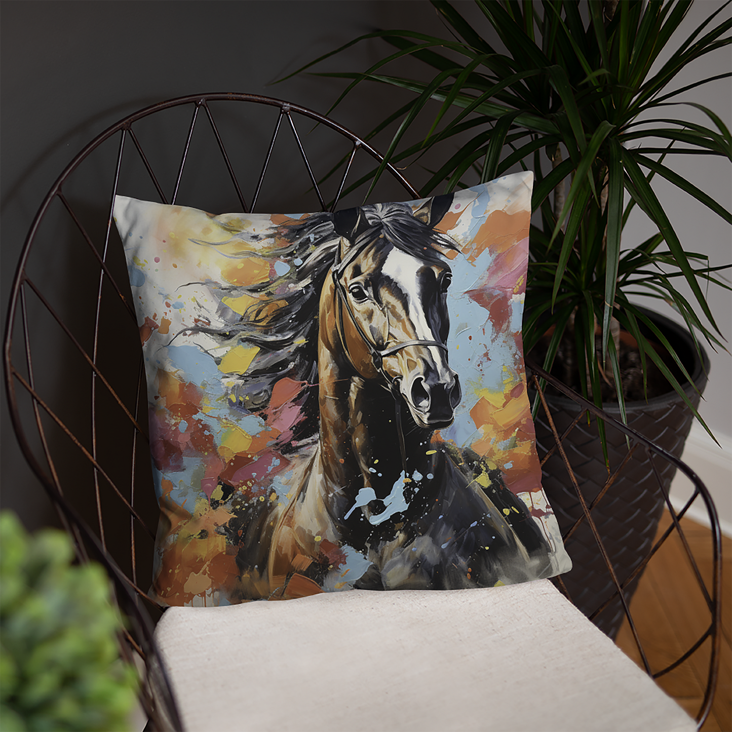 Horse Throw Pillow Color Splotched Brown Horse Polyester Decorative Cushion 18x18