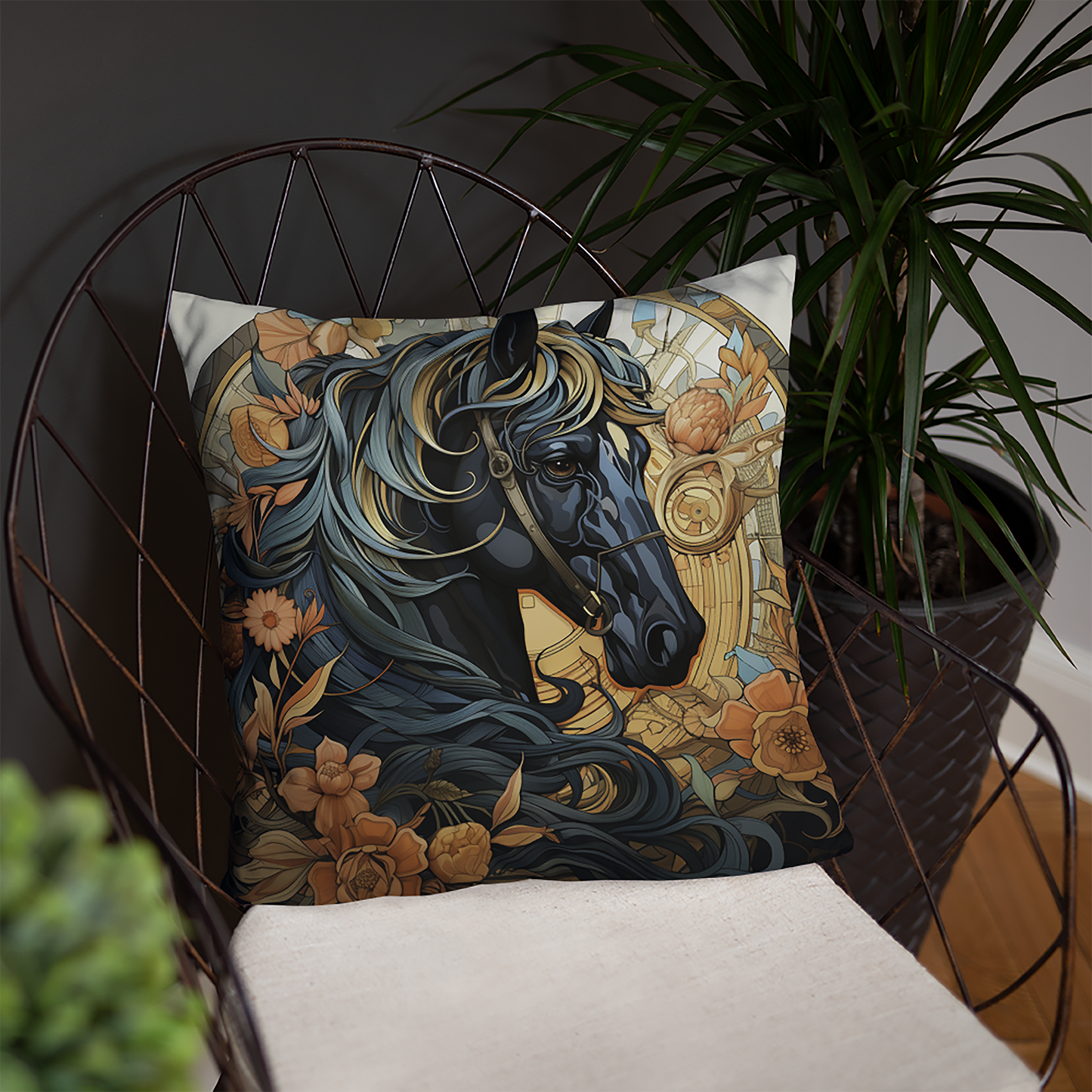 Horse Throw Pillow Dark Horse and Floral Charm Polyester Decorative Cushion 18x18