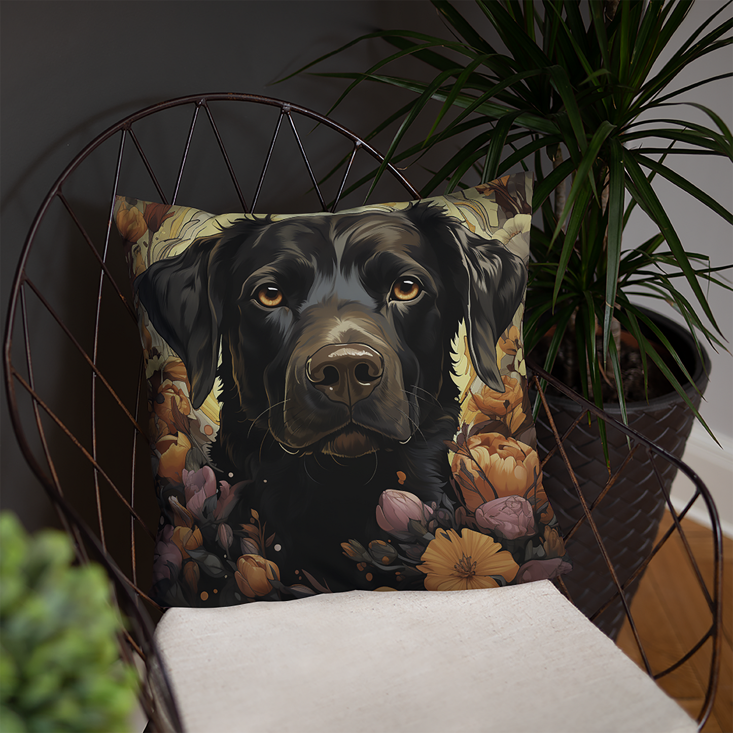 Dog Throw Pillow Fantasy Labrador Floral Embrace Polyester Decorative Cushion 18x18