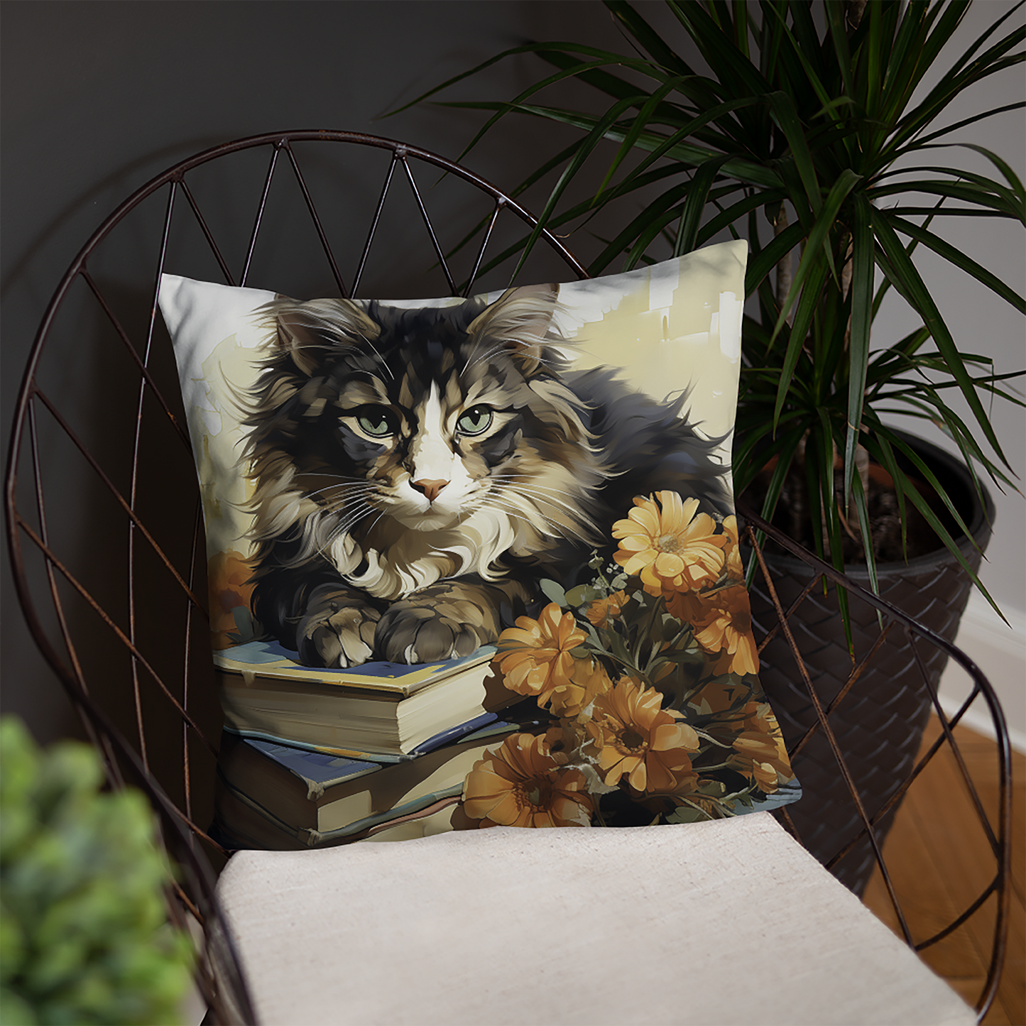 Cat Throw Pillow Floral Feline Study Graphic Illustration Polyester Decorative Cushion 18x18