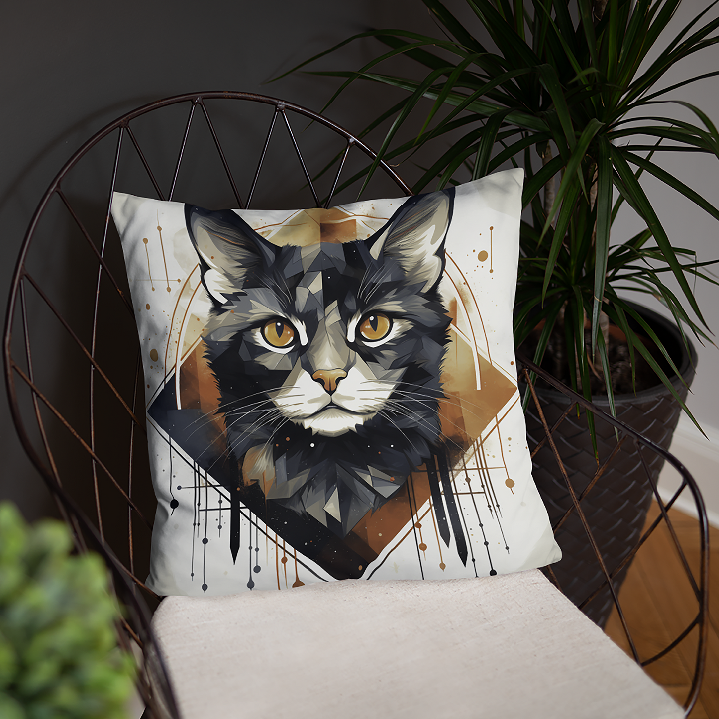 Cat Throw Pillow Geometric Feline Gaze Watercolor Illustration Polyester Decorative Cushion 18x18