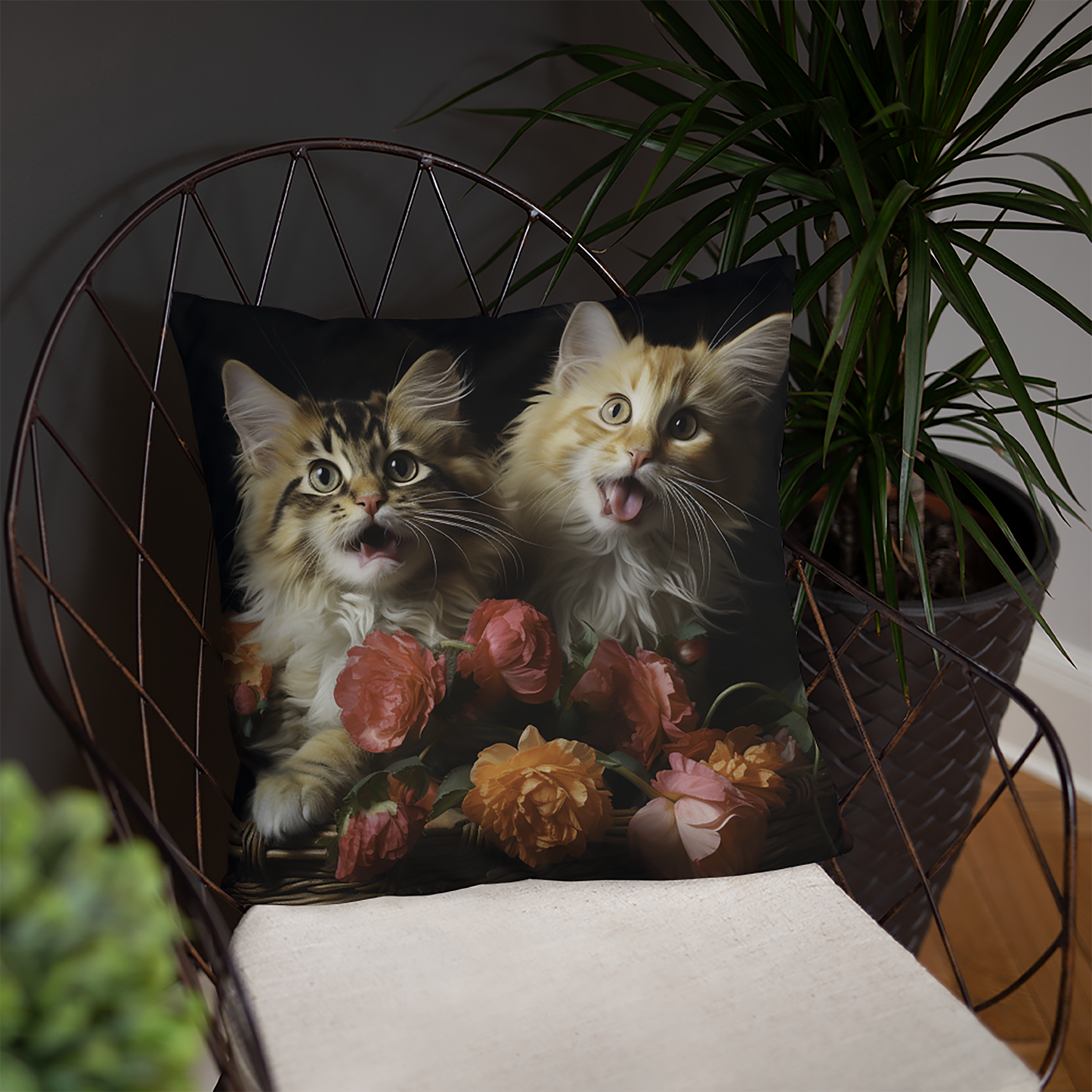 Cat Throw Pillow Golden Basket Buddies Playful Cats Polyester Decorative Cushion 18x18