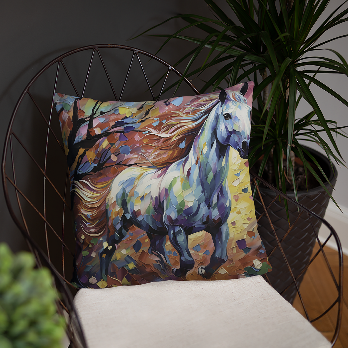 Horse Throw Pillow Multicolored Horse and Petals Polyester Decorative Cushion 18x18