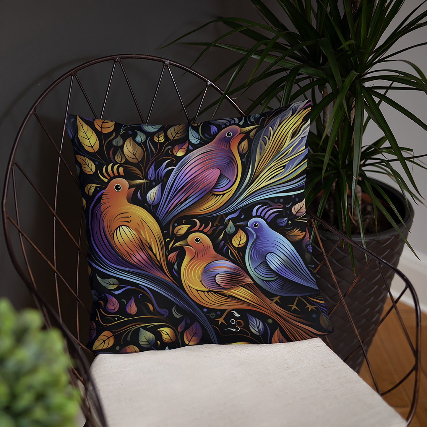 Bird Throw Pillow Neon Art Nouveau Bird Polyester Decorative Cushion 18x18