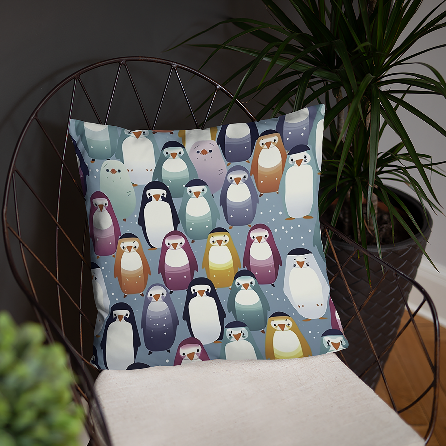 Bird Throw Pillow Snowy Penguin Pattern Art Polyester Decorative Cushion 18x18