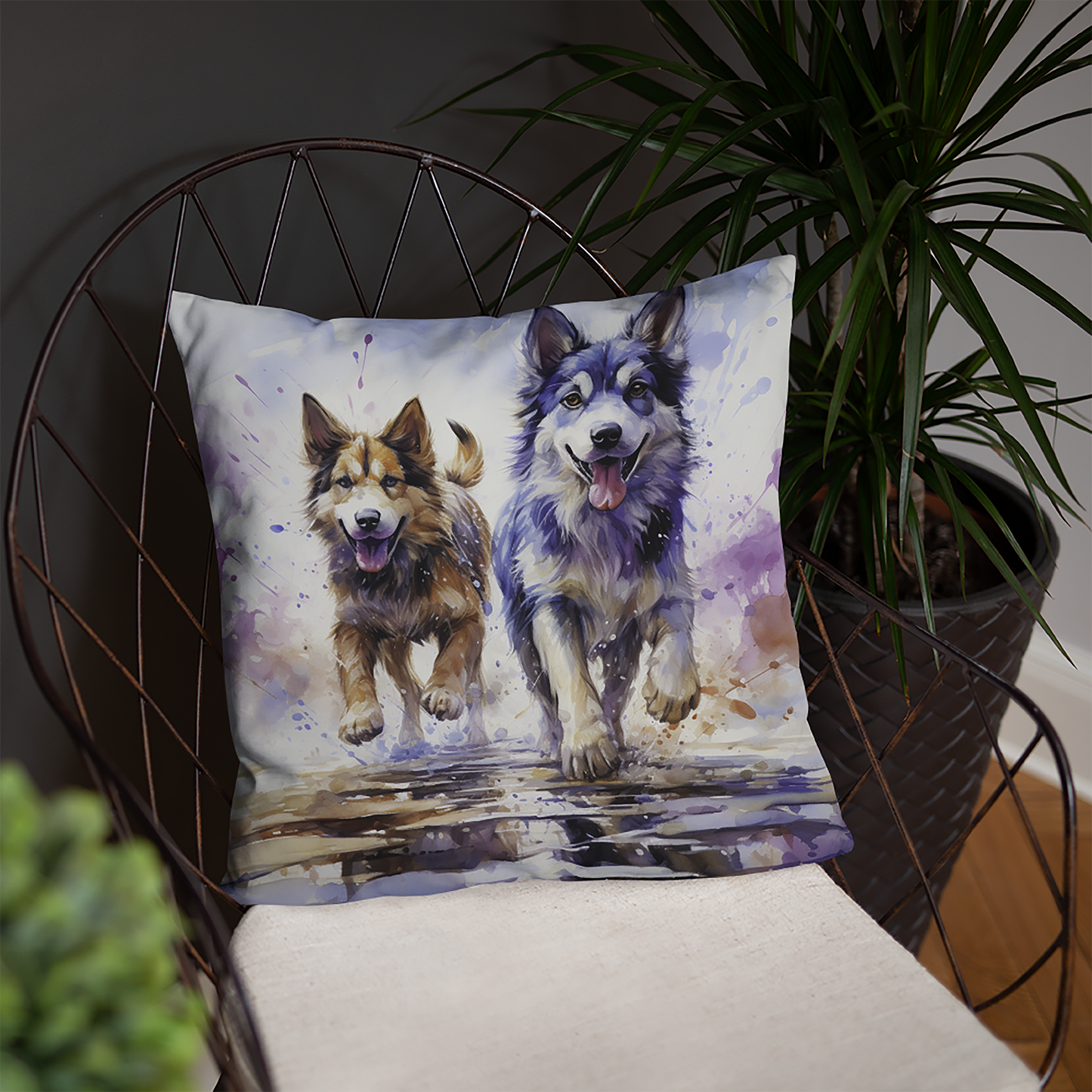 Dog Throw Pillow Spirited Dogs Chromatic Watercolor Polyester Decorative Cushion 18x18
