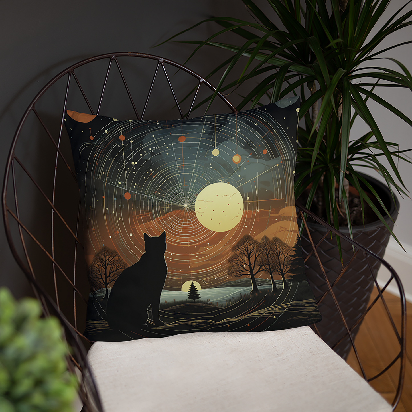 Cat Throw Pillow Stargazing Feline Cosmic Landscape Polyester Decorative Cushion 18x18