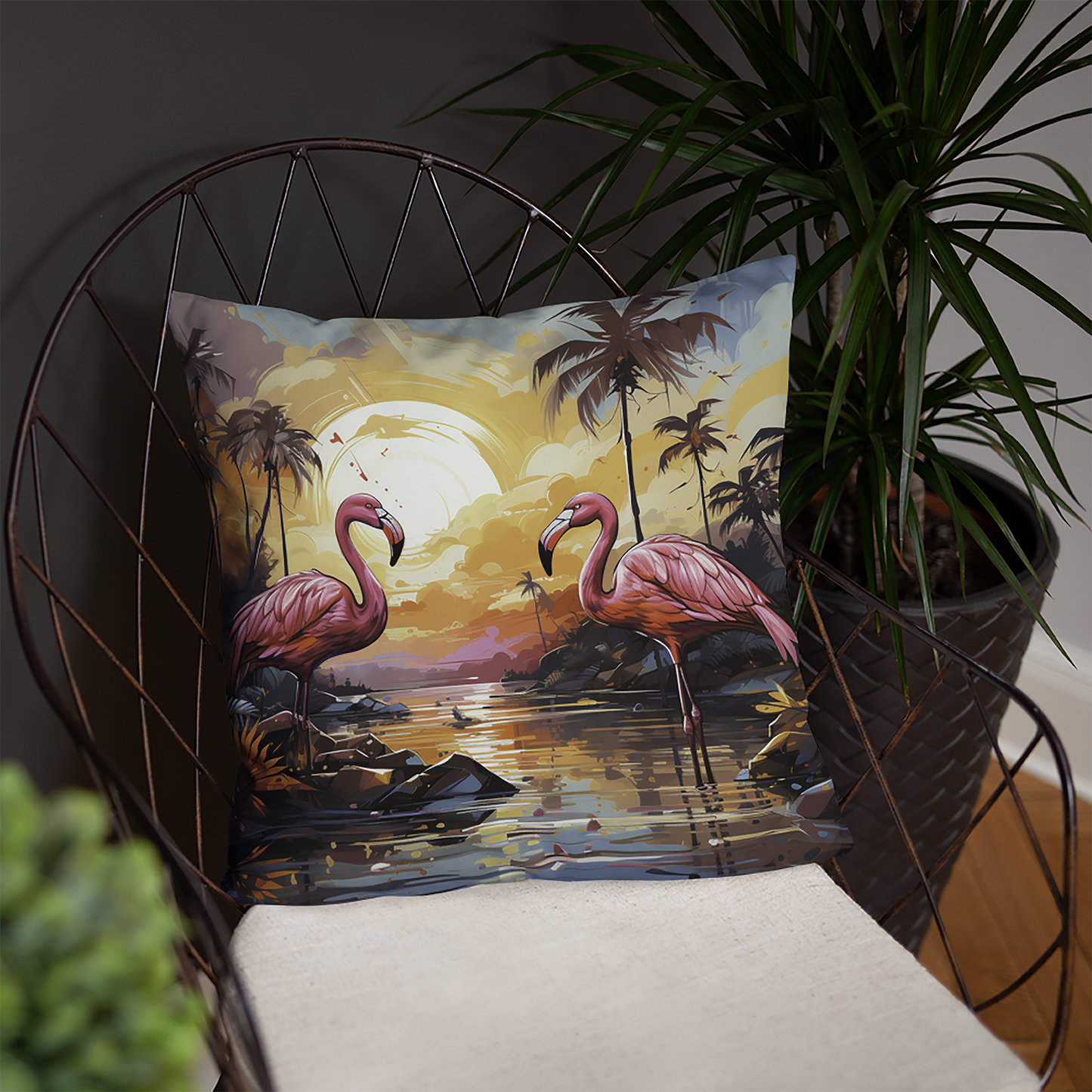 Bird Throw Pillow Sublime Flamingo Sunset Art Polyester Decorative Cushion 18x18