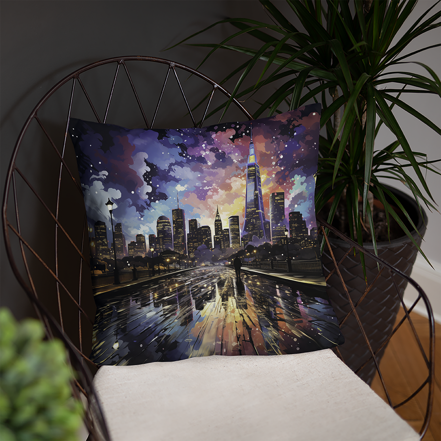 Cityscape Throw Pillow Vibrant Night City Cosmic Polyester Decorative Cushion 18x18
