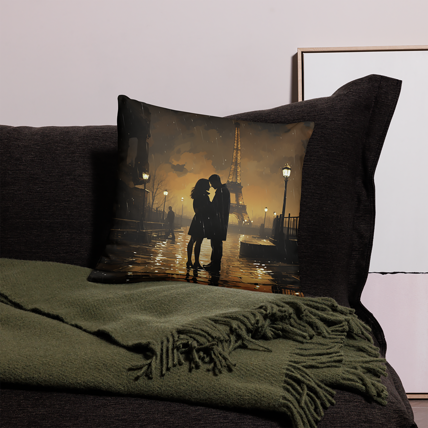 Couples Throw Pillow Parisian Rainy Romance Polyester Decorative Cushion 18x18