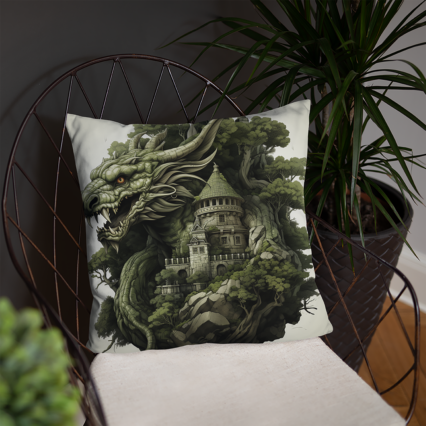 Dragon Throw Pillow Mystic Forest Dragon Castle Polyester Decorative Cushion 18x18