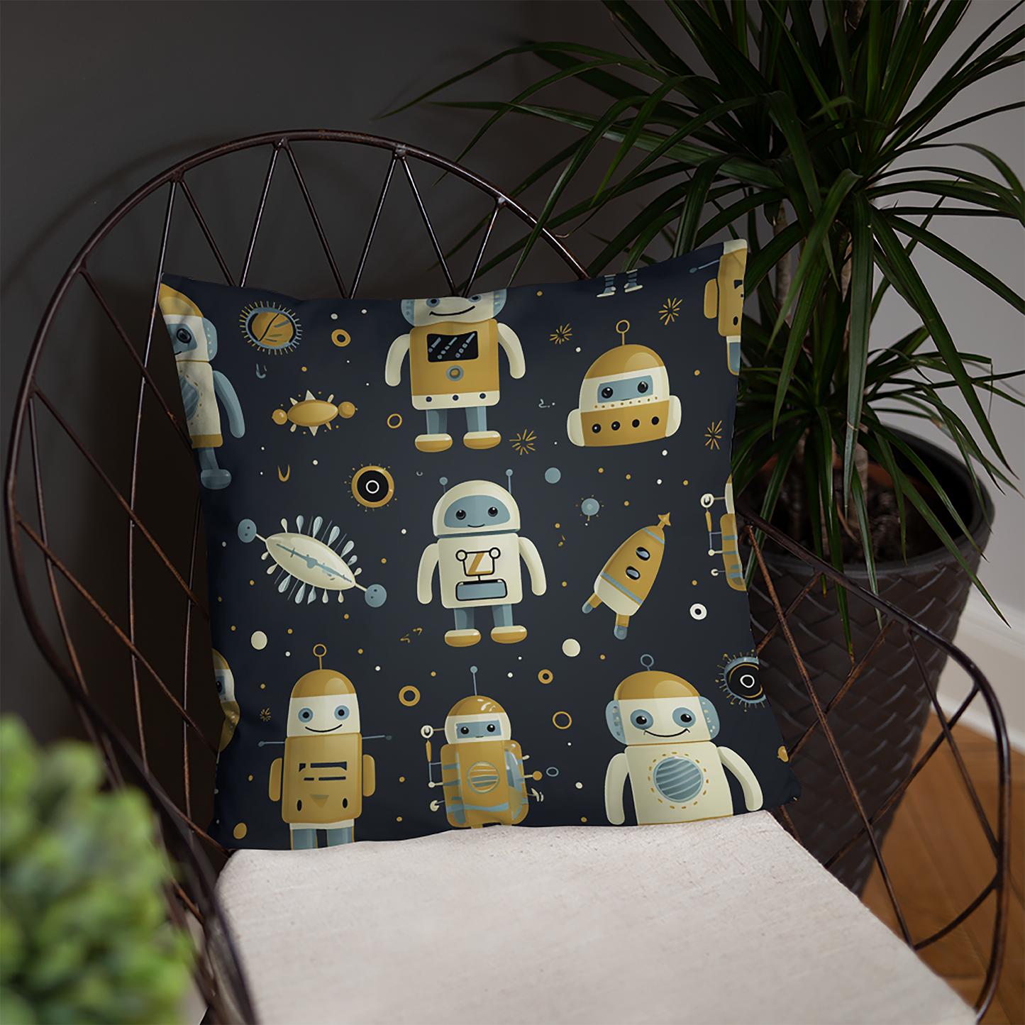 Future Throw Pillow Kinetic Spaceship and Robots Polyester Decorative Cushion 18x18