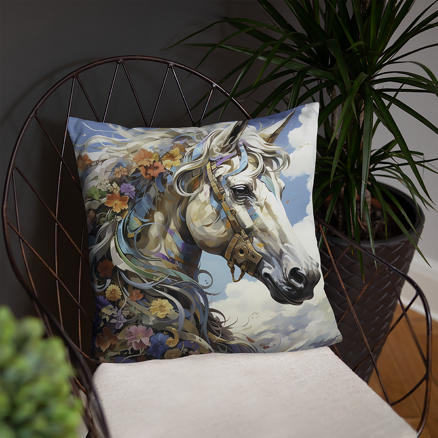 Horse Throw Pillow Fantasy Realism Floral Polyester Decorative Cushion 18x18