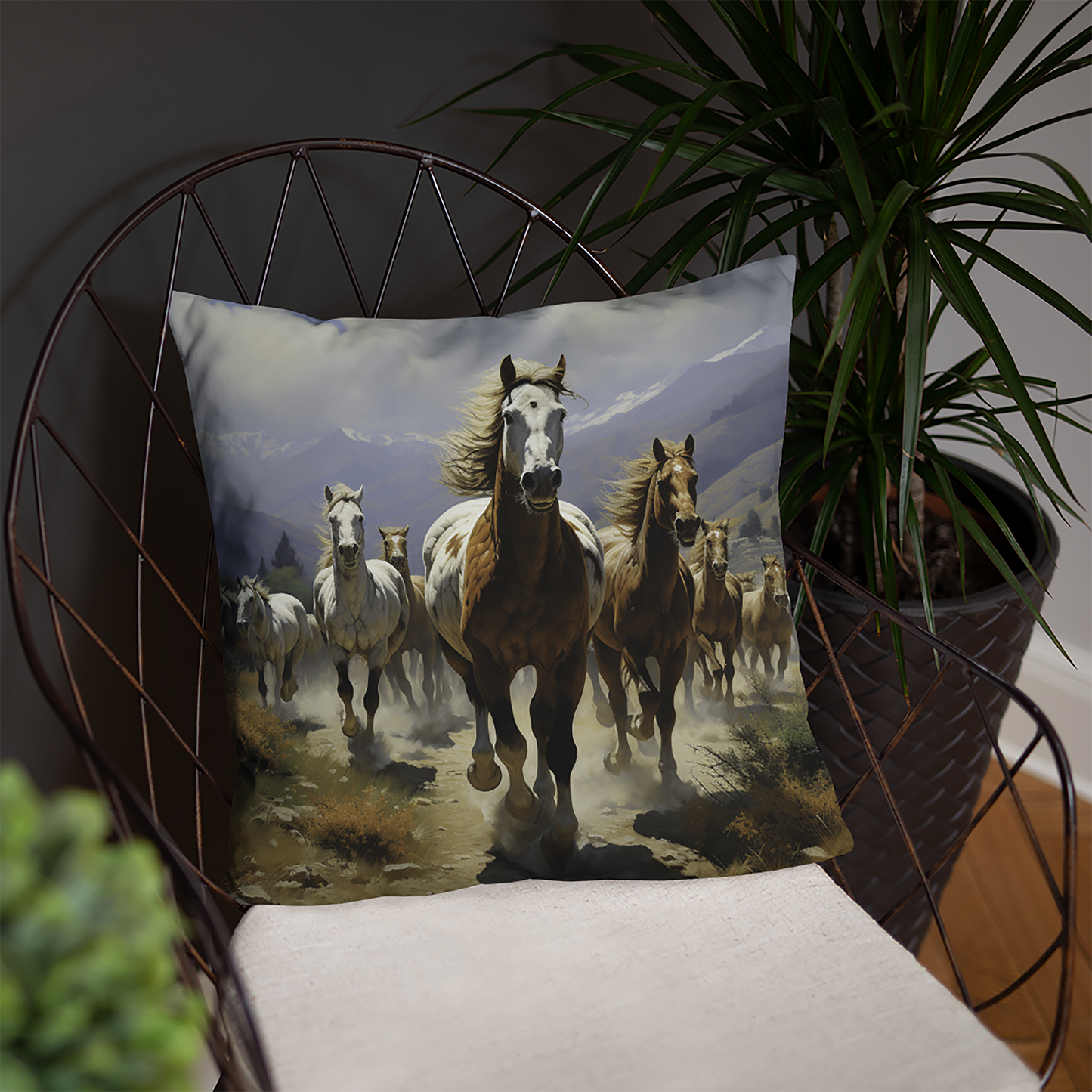 Horse Throw Pillow Galloping Herd Field Comfort Polyester Decorative Cushion 18x18