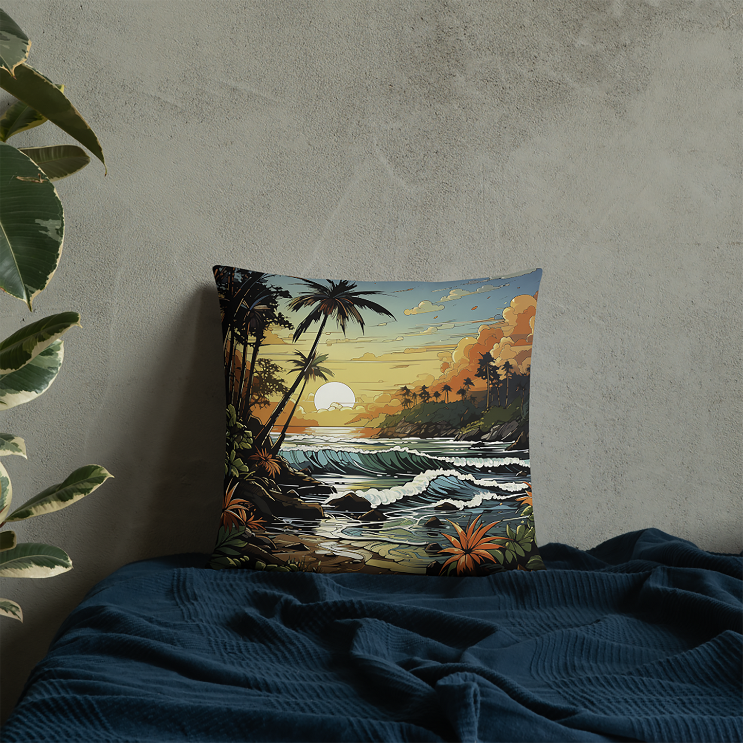 Beach Throw Pillow Tropical Sunset Expressive Polyester Decorative Cushion 18x18