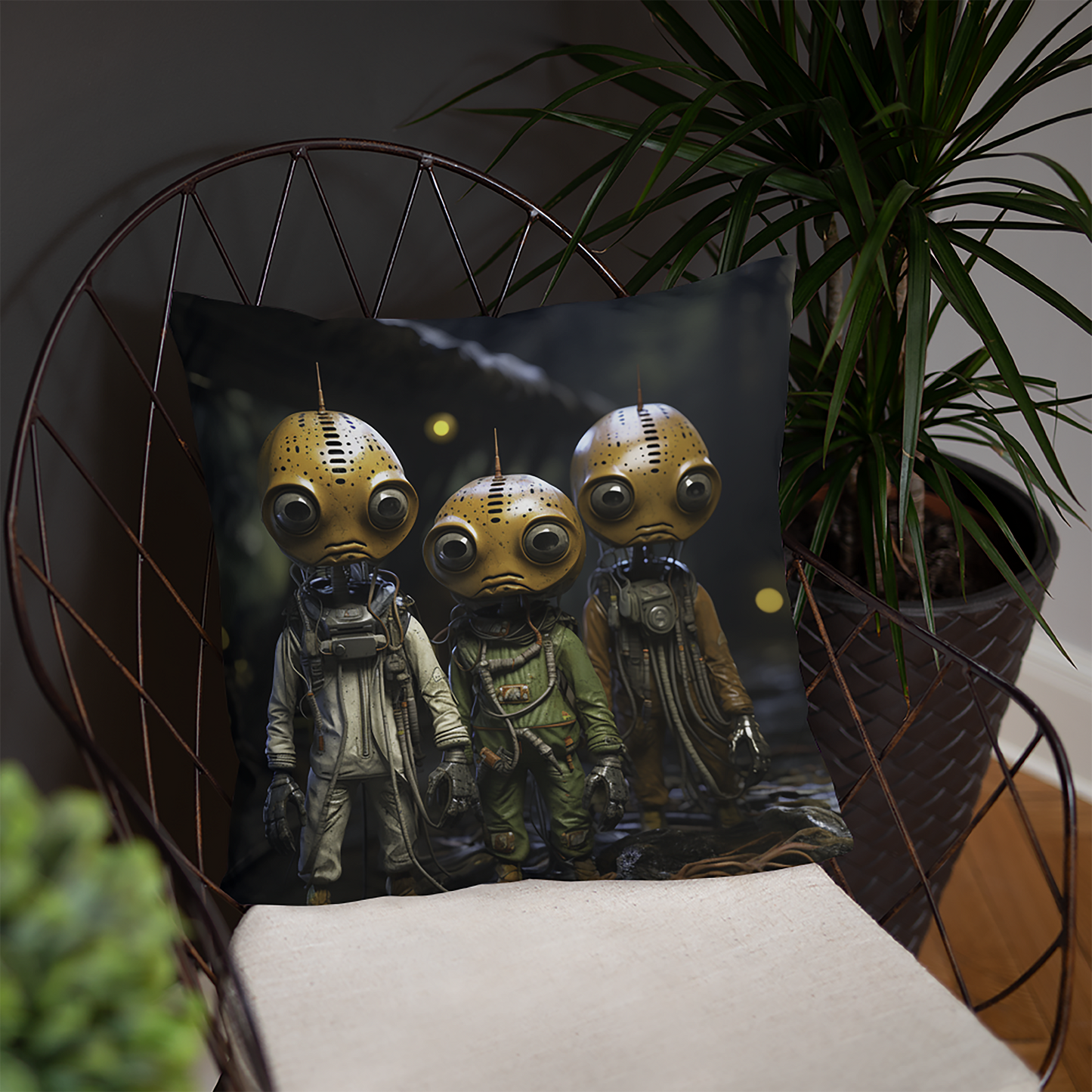 Space Throw Pillow Adorable Aliens in Industrial World Polyester Decorative Cushion 18x18