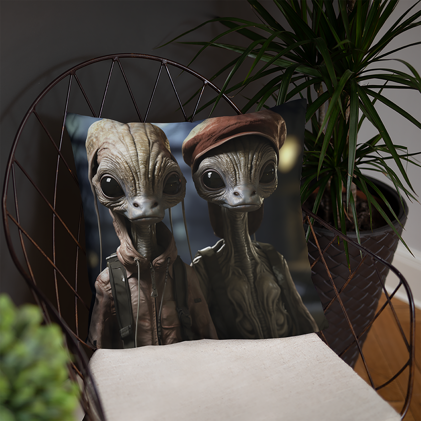Space Throw Pillow Aliens in Red Caps and Coats Polyester Decorative Cushion 18x18