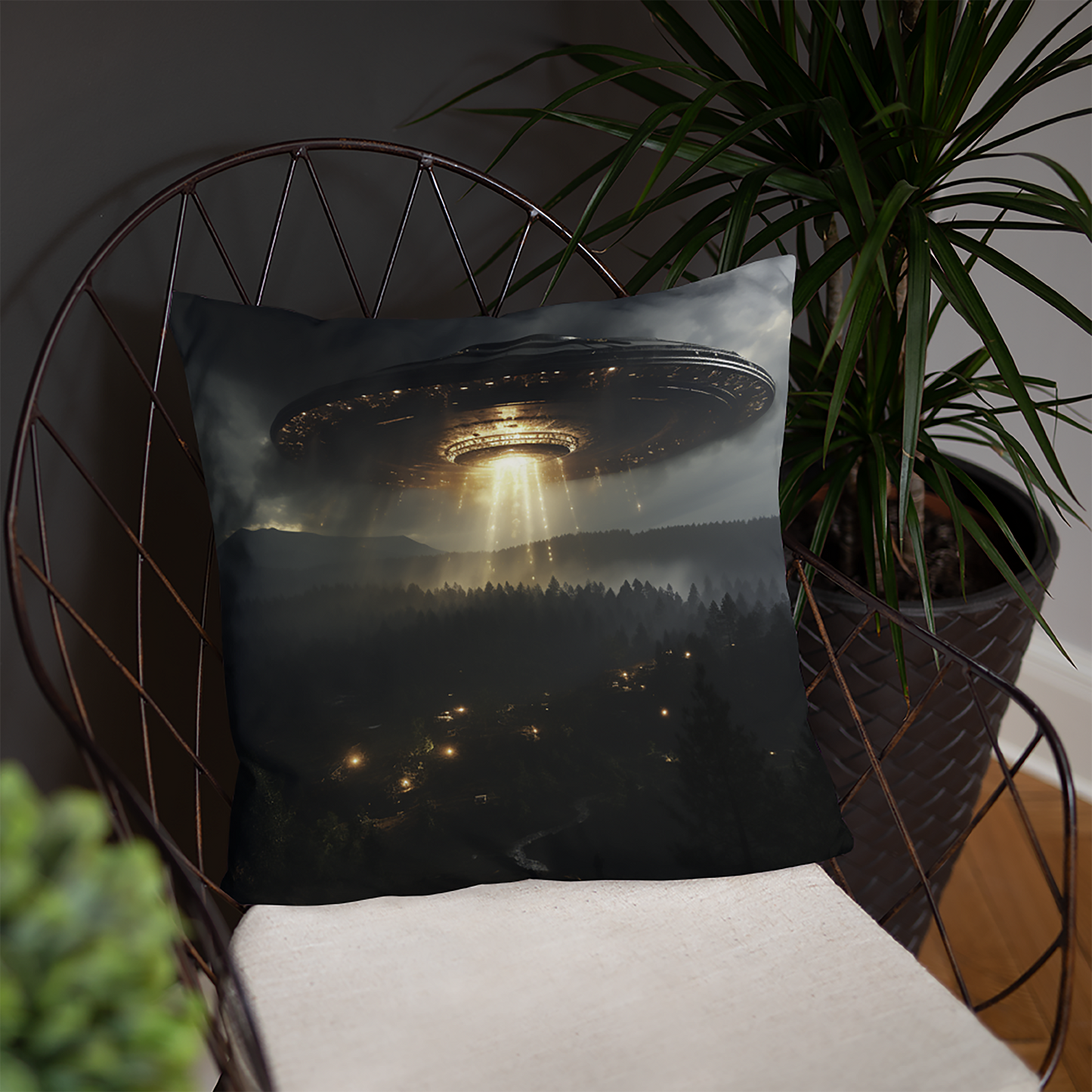 Space Throw Pillow Bronze Forest UFO Encounter Polyester Decorative Cushion 18x18