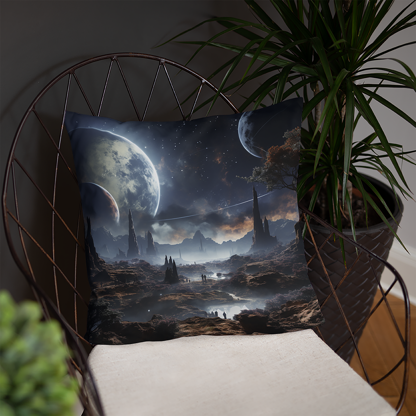 Space Throw Pillow Cosmic Alien Planet Landscape Polyester Decorative Cushion 18x18