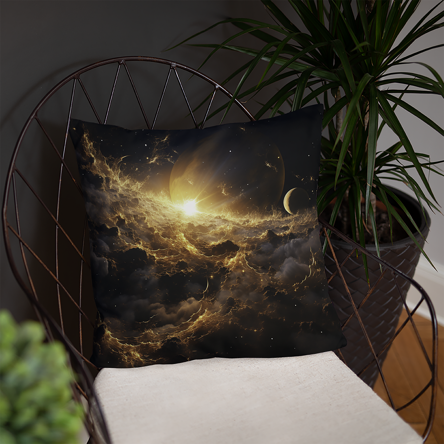 Space Throw Pillow Golden Harmony Celestial Polyester Decorative Cushion 18x18