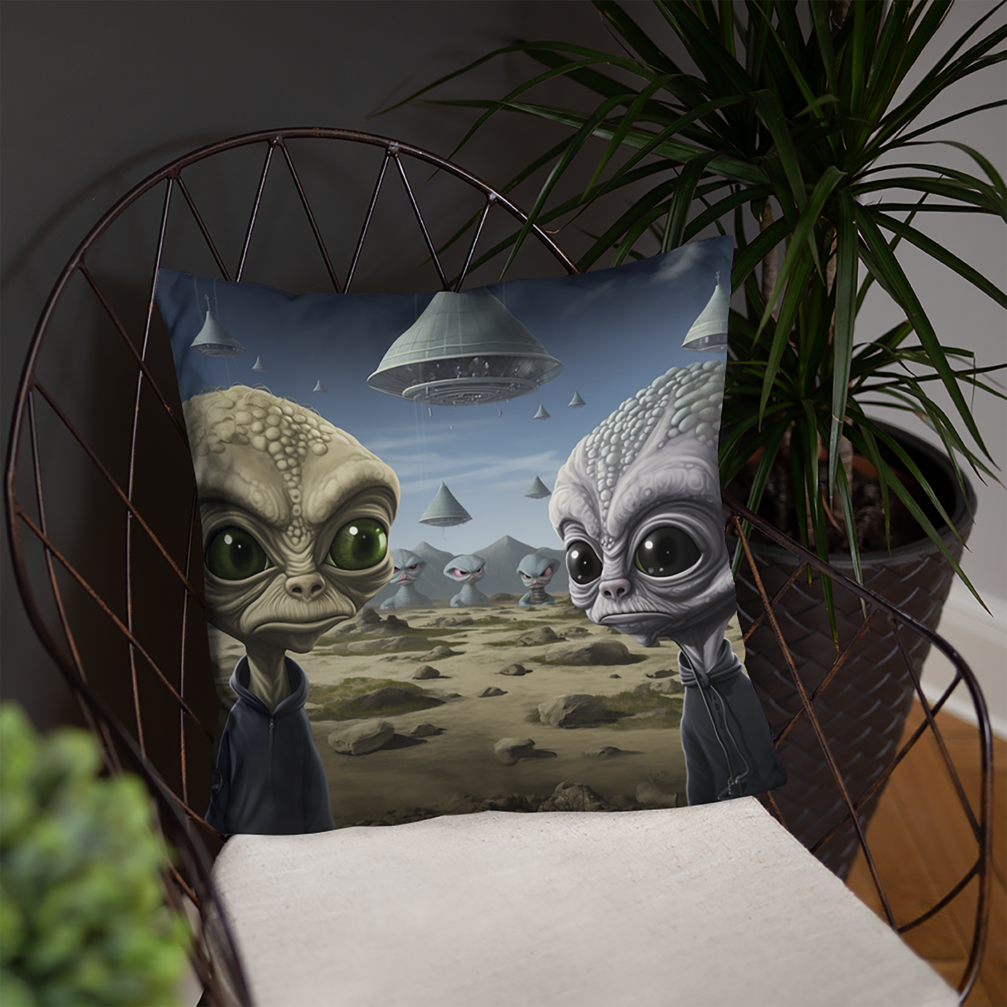 Space Throw Pillow Hoodie-Wearing Aliens Polyester Decorative Cushion 18x18