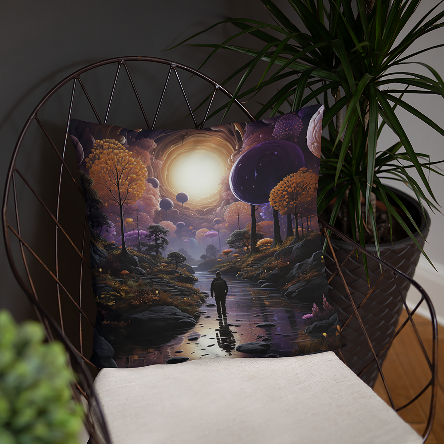 Space Throw Pillow Psychedelic Alien Forest Polyester Decorative Cushion 18x18