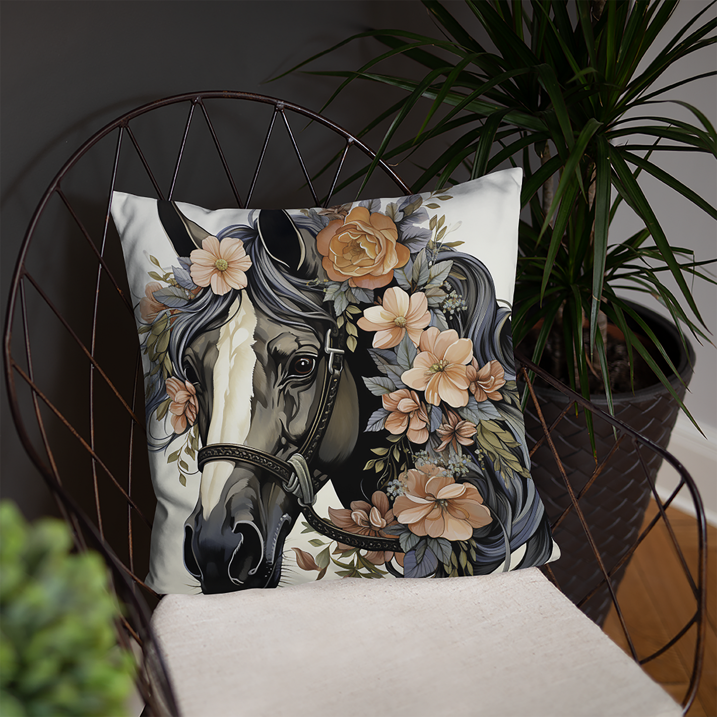 Horse Throw Pillow White Elegance Floral Comfort Polyester Decorative Cushion 18x18