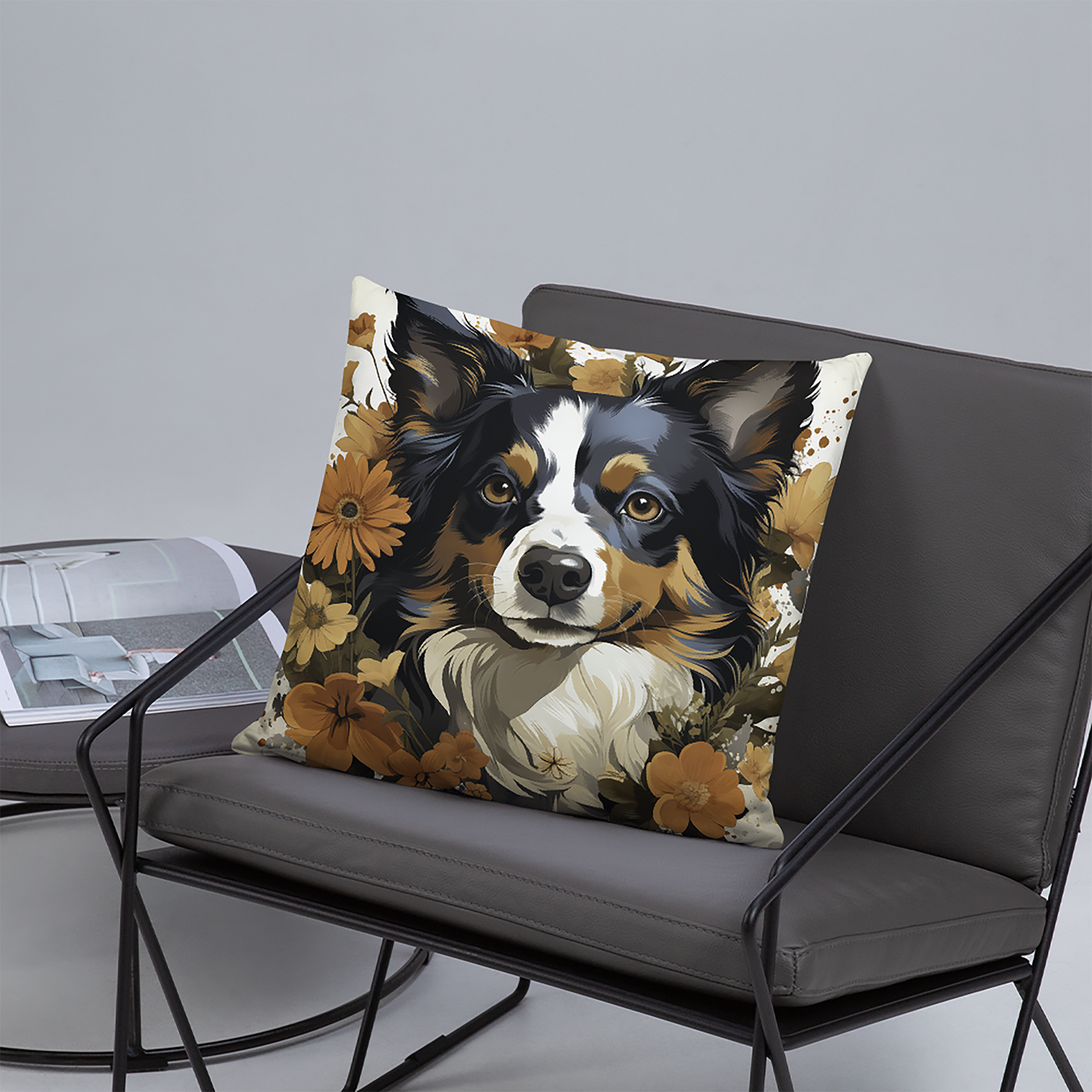 Dog Throw Pillow Floral Crowned Border Collie Polyester Decorative Cushion 18x18