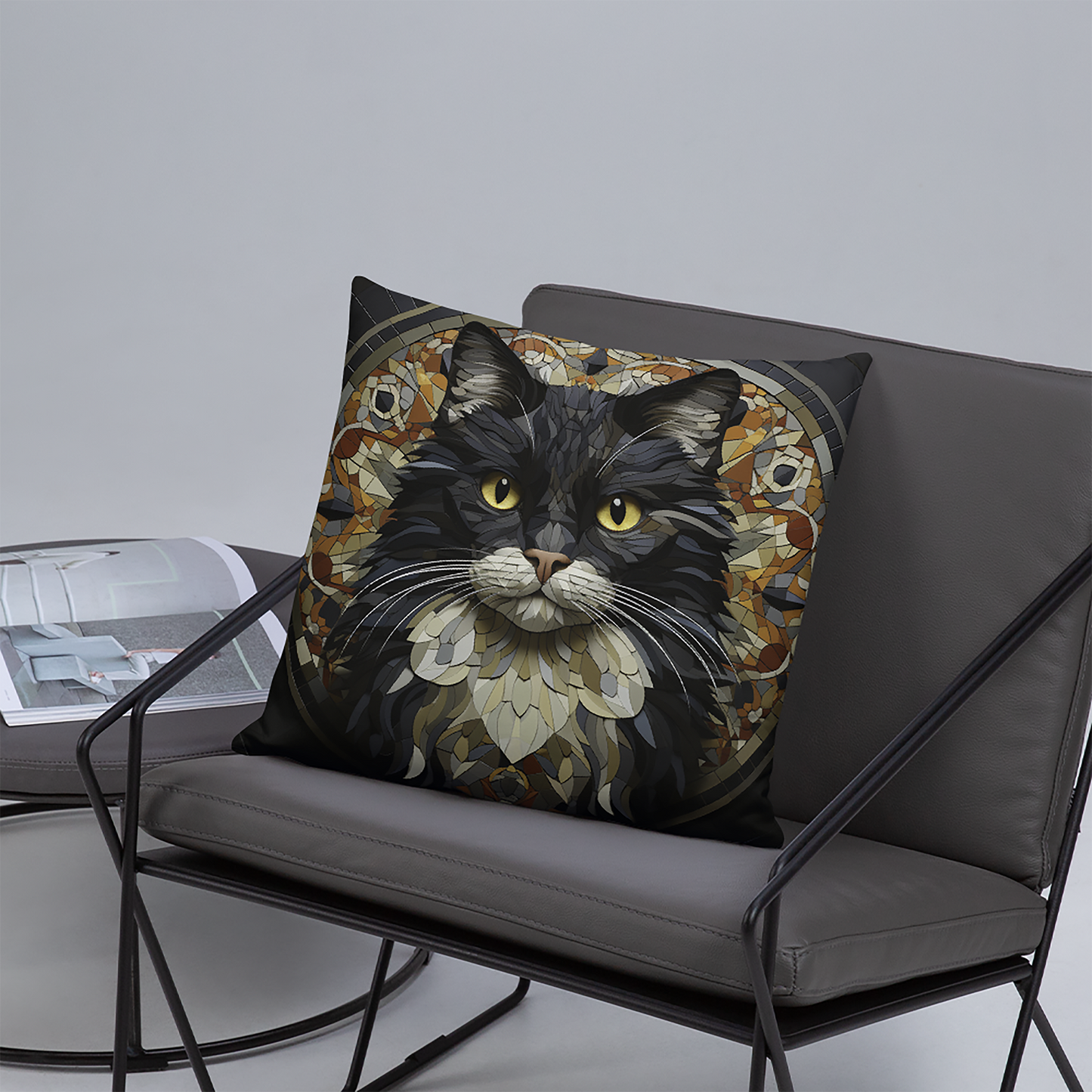 Cat Throw Pillow Opulent Mosaic Feline Geometric Polyester Decorative Cushion 18x18