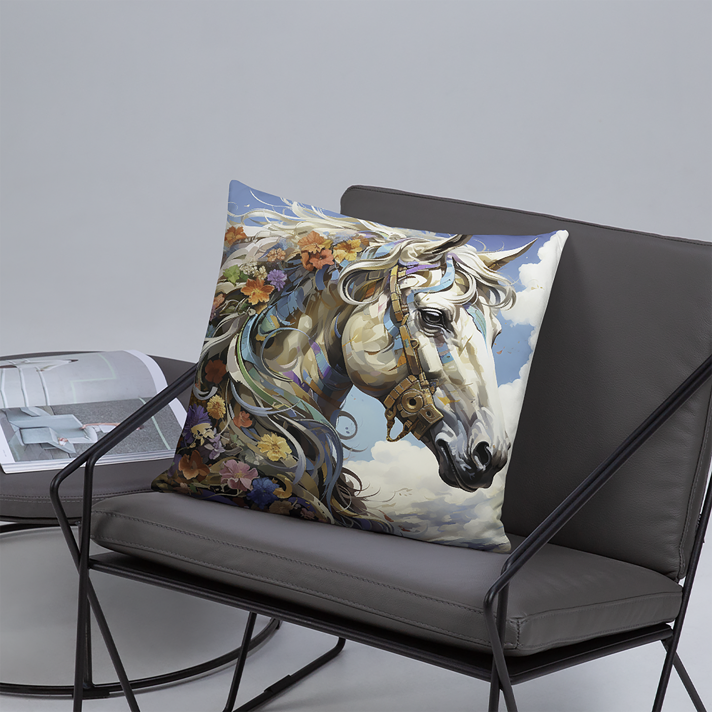 Horse Throw Pillow Fantasy Realism Floral Polyester Decorative Cushion 18x18