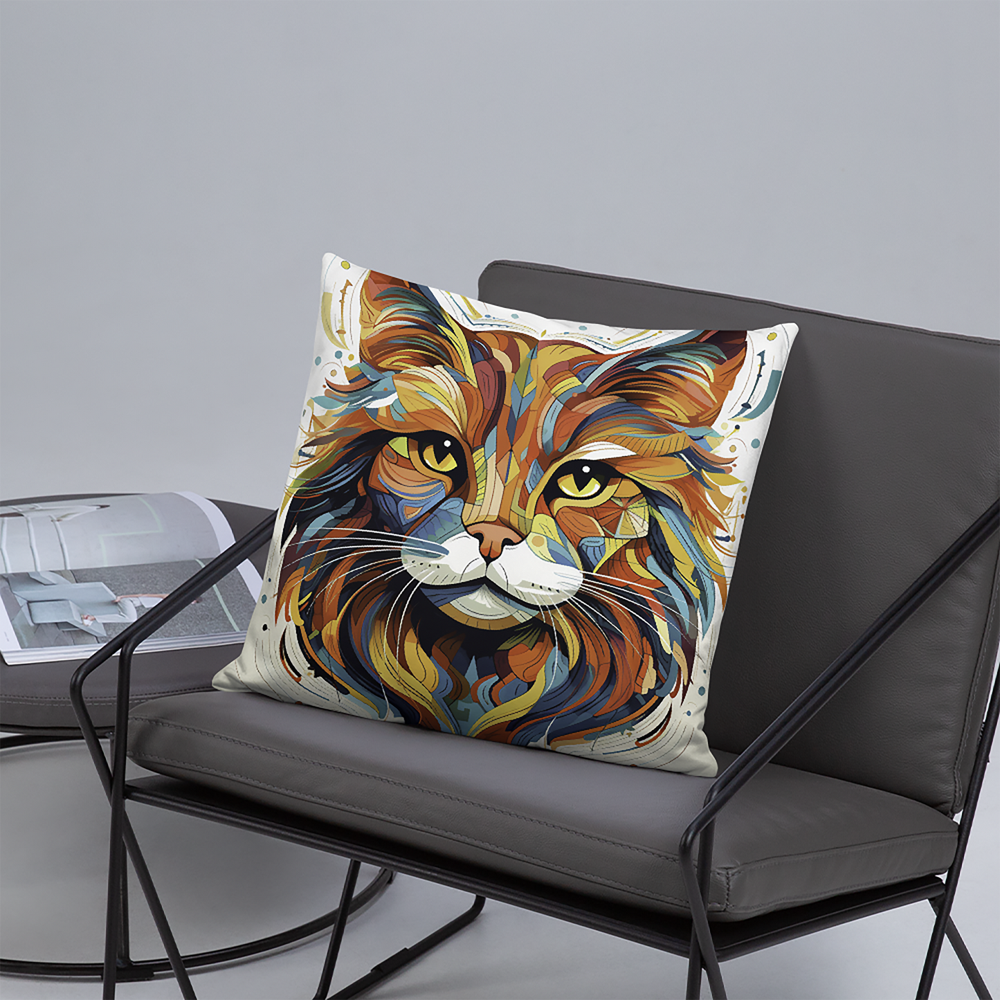 Cat Throw Pillow Vibrant Geometric Feline Detailed Portrait Polyester Decorative Cushion 18x18