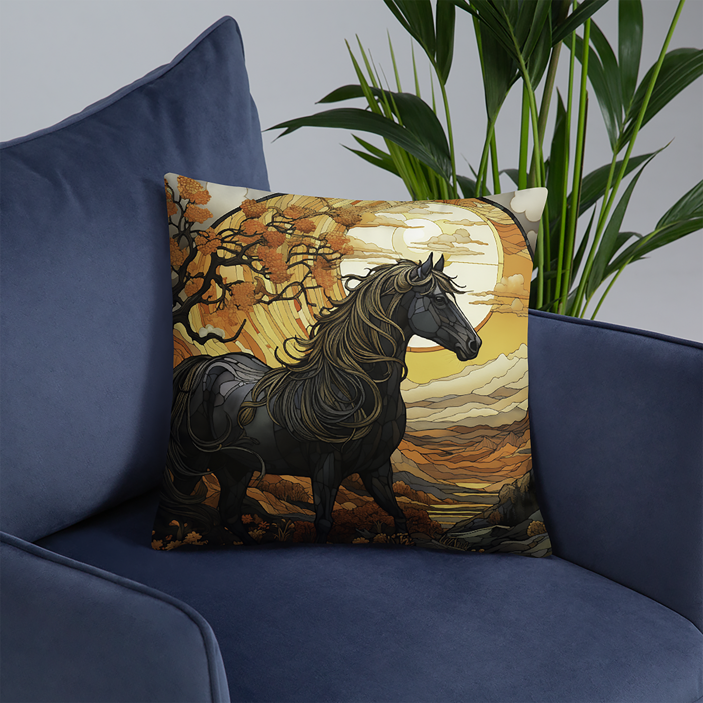 Horse Throw Pillow Autumn Landscape Art Nouveau Polyester Decorative Cushion 18x18