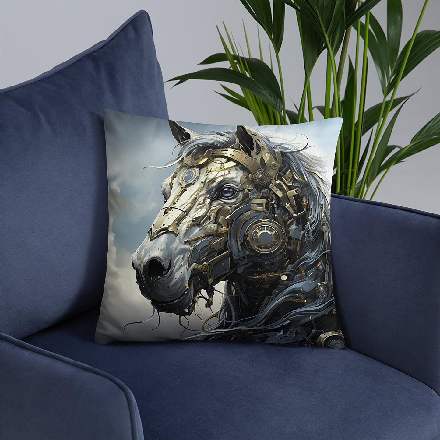 Horse Throw Pillow Cybersteampunk Horse Spirit Illustration Polyester Decorative Cushion 18x18