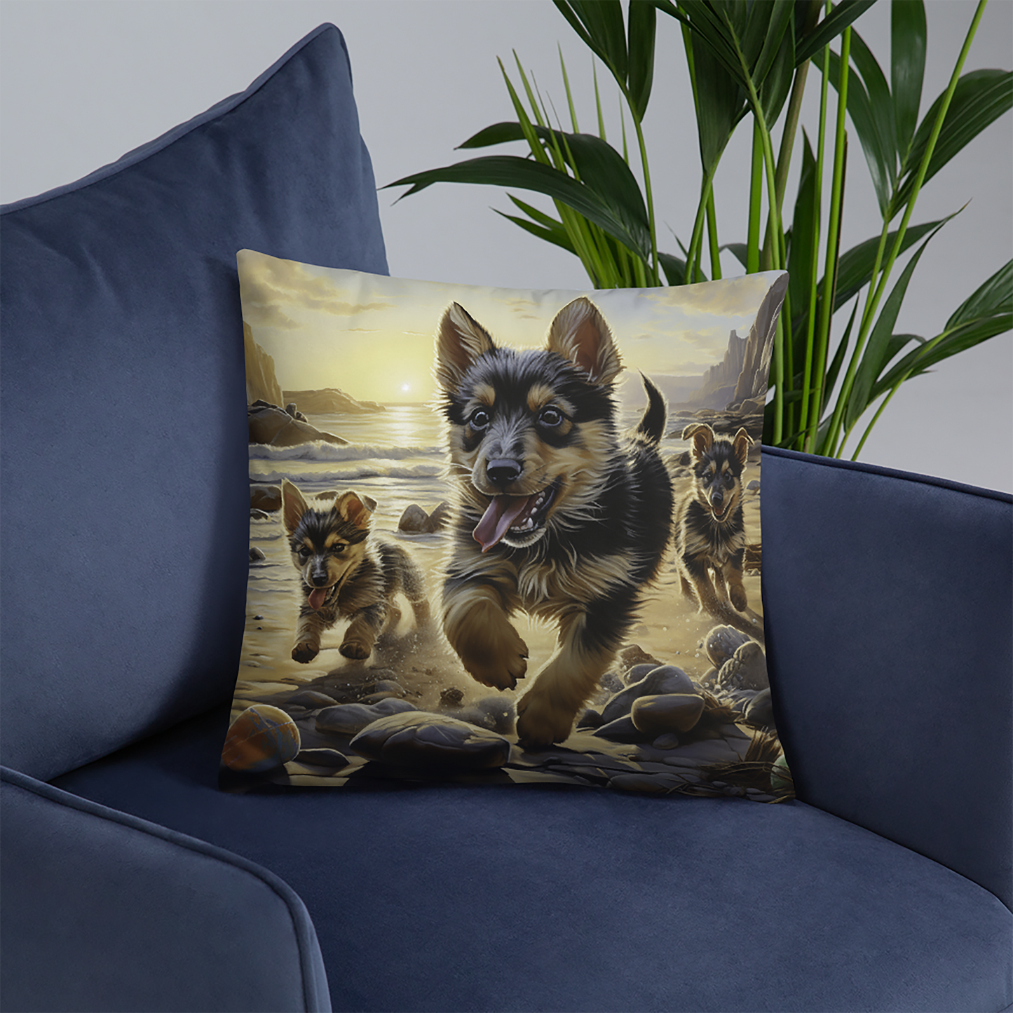 Dog Throw Pillow Joyful Puppies Beach Portraits Polyester Decorative Cushion 18x18