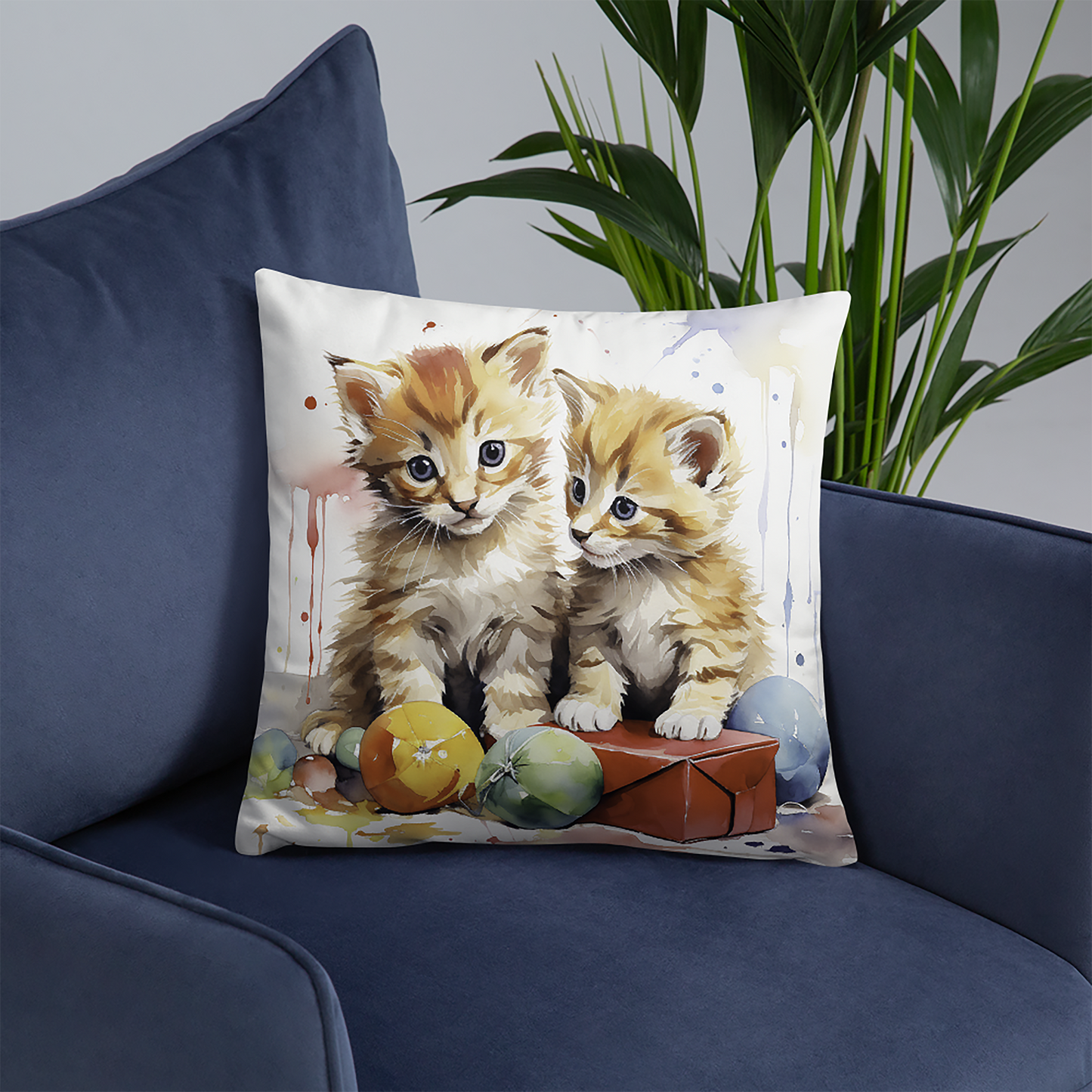 Cat Throw Pillow Playful Kittens Delight Watercolor Illustration Polyester Decorative Cushion 18x18