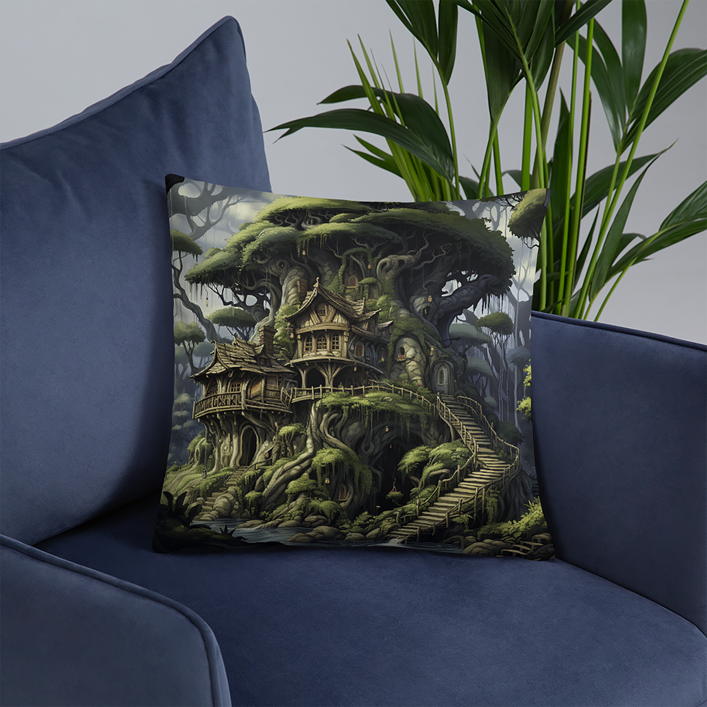 Castle Throw Pillow Enchanted Tree House Polyester Decorative Cushion 18x18