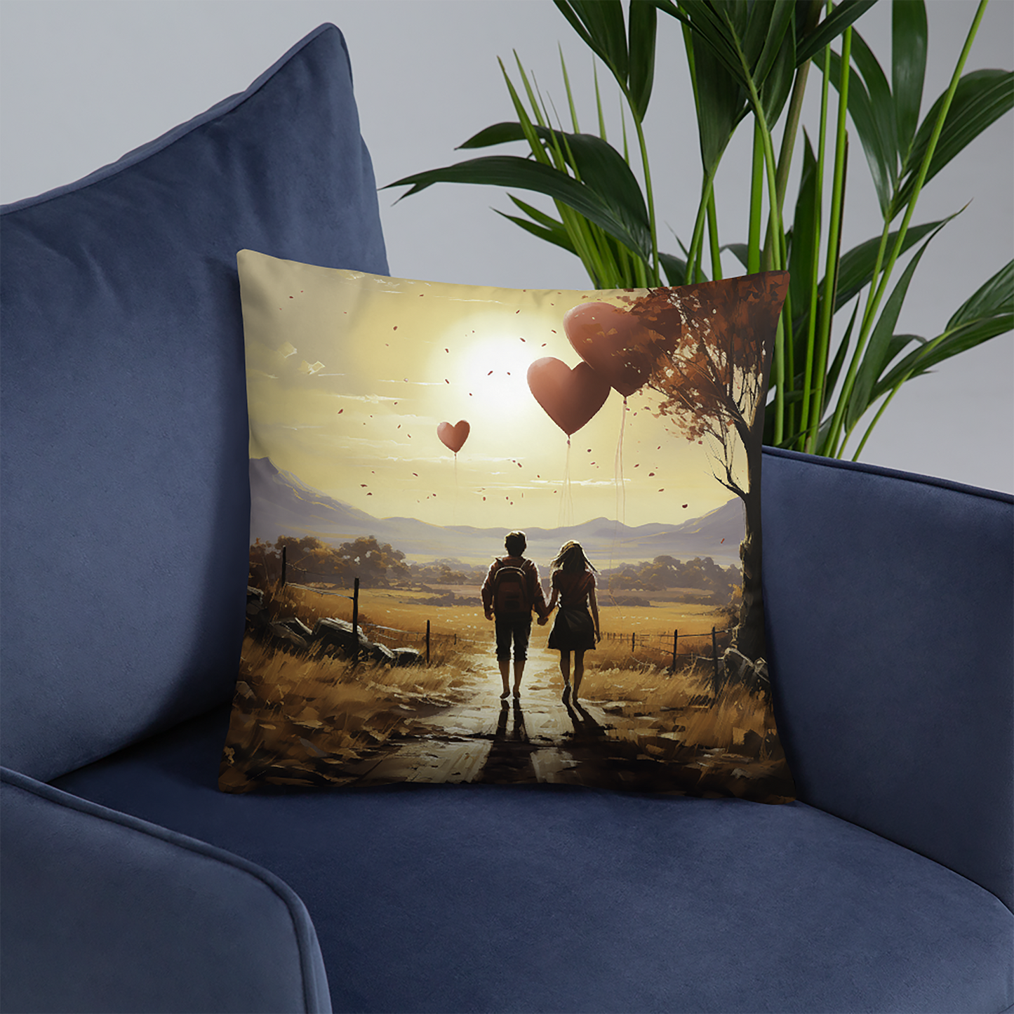 Couples Throw Pillow Crimson Hearts in Lush Landscape Polyester Decorative Cushion 18x18