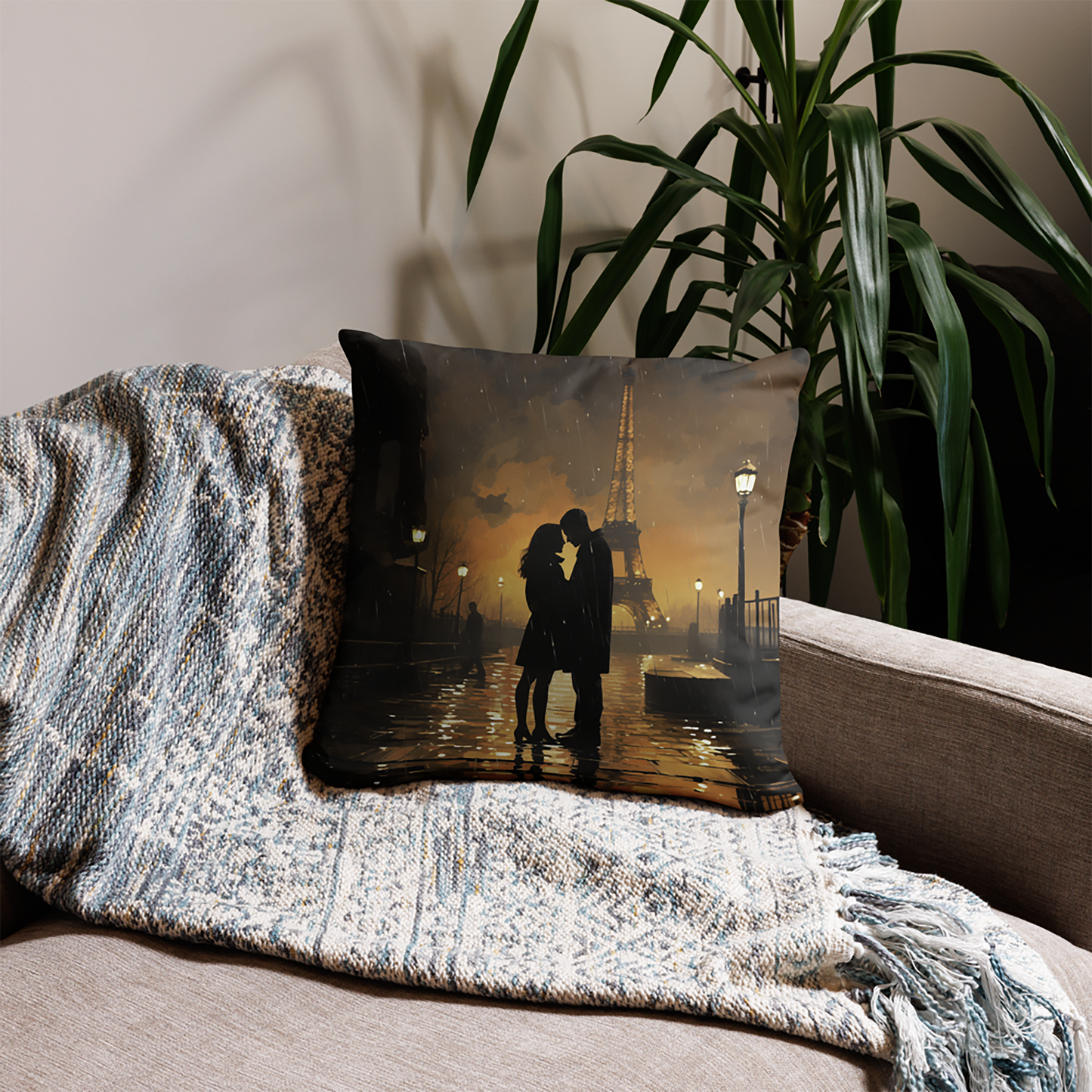 Couples Throw Pillow Parisian Rainy Romance Polyester Decorative Cushion 18x18