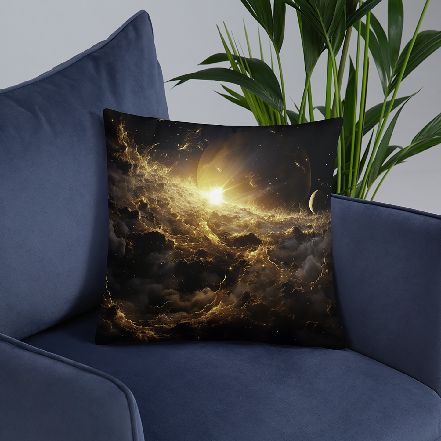 Space Throw Pillow Golden Harmony Celestial Polyester Decorative Cushion 18x18