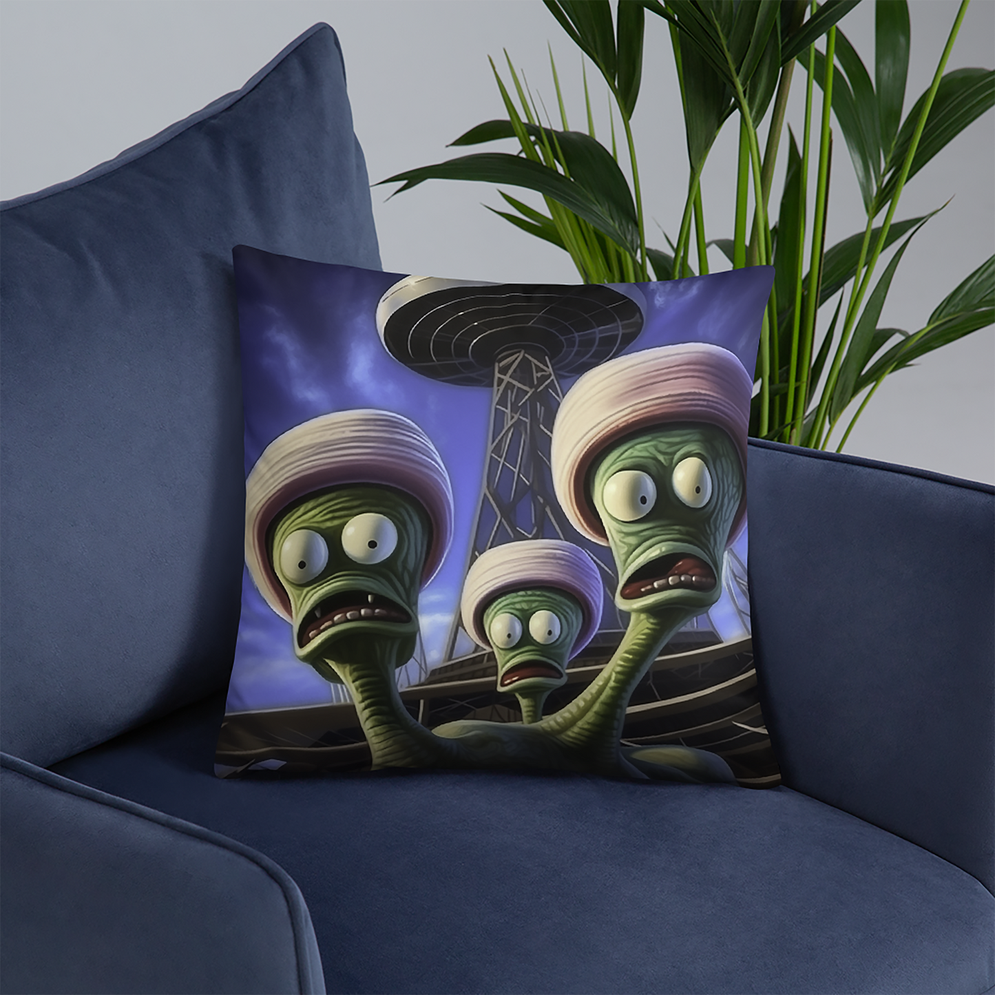 Space Throw Pillow Surrealistic Green Aliens Polyester Decorative Cushion 18x18